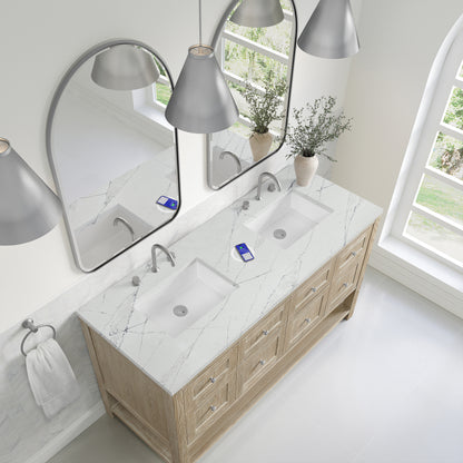 James Martin Vanities Breckenridge 60" Whitewashed Oak Double Vanity With 3 cm Ethereal Noctis Quartz Top and FreePower Wireless Charger