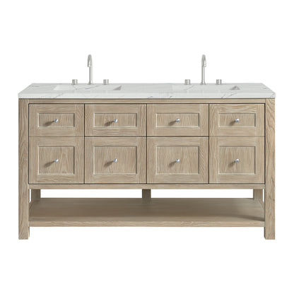 James Martin Vanities Breckenridge 60" Whitewashed Oak Double Vanity With 3 cm Ethereal Noctis Quartz Top and FreePower Wireless Charger