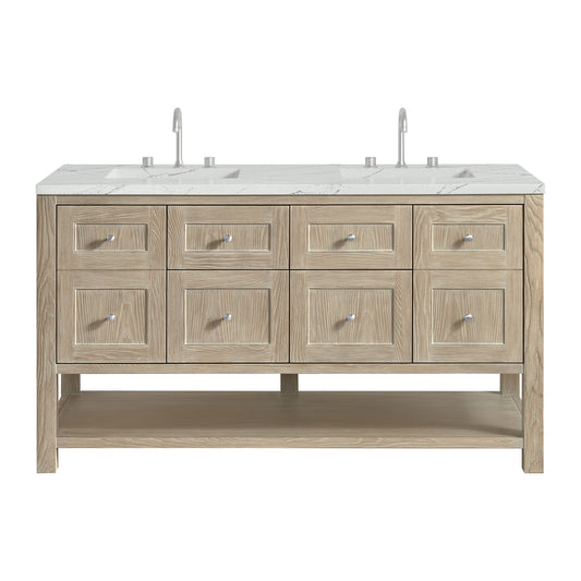 James Martin Vanities Breckenridge 60" Whitewashed Oak Double Vanity With 3 cm Ethereal Noctis Quartz Top and FreePower Wireless Charger