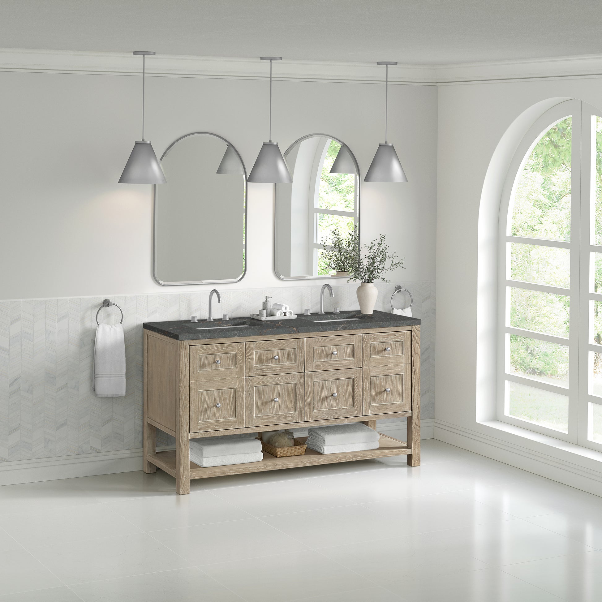 James Martin Vanities Breckenridge 60" Whitewashed Oak Double Vanity With 3 cm Parisien Bleu Top and FreePower Wireless Charger