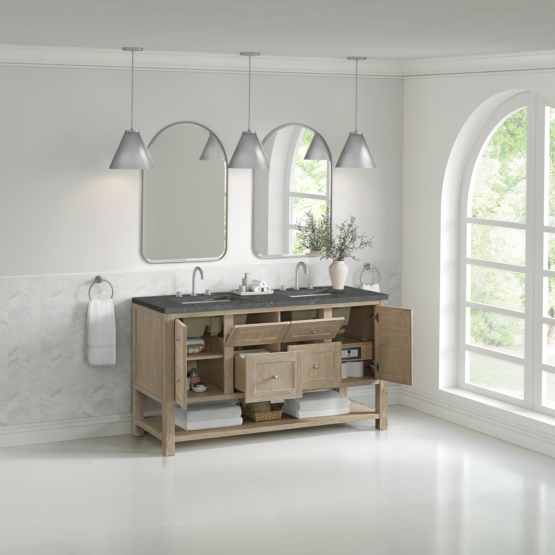 James Martin Vanities Breckenridge 60" Whitewashed Oak Double Vanity With 3 cm Parisien Bleu Top and FreePower Wireless Charger