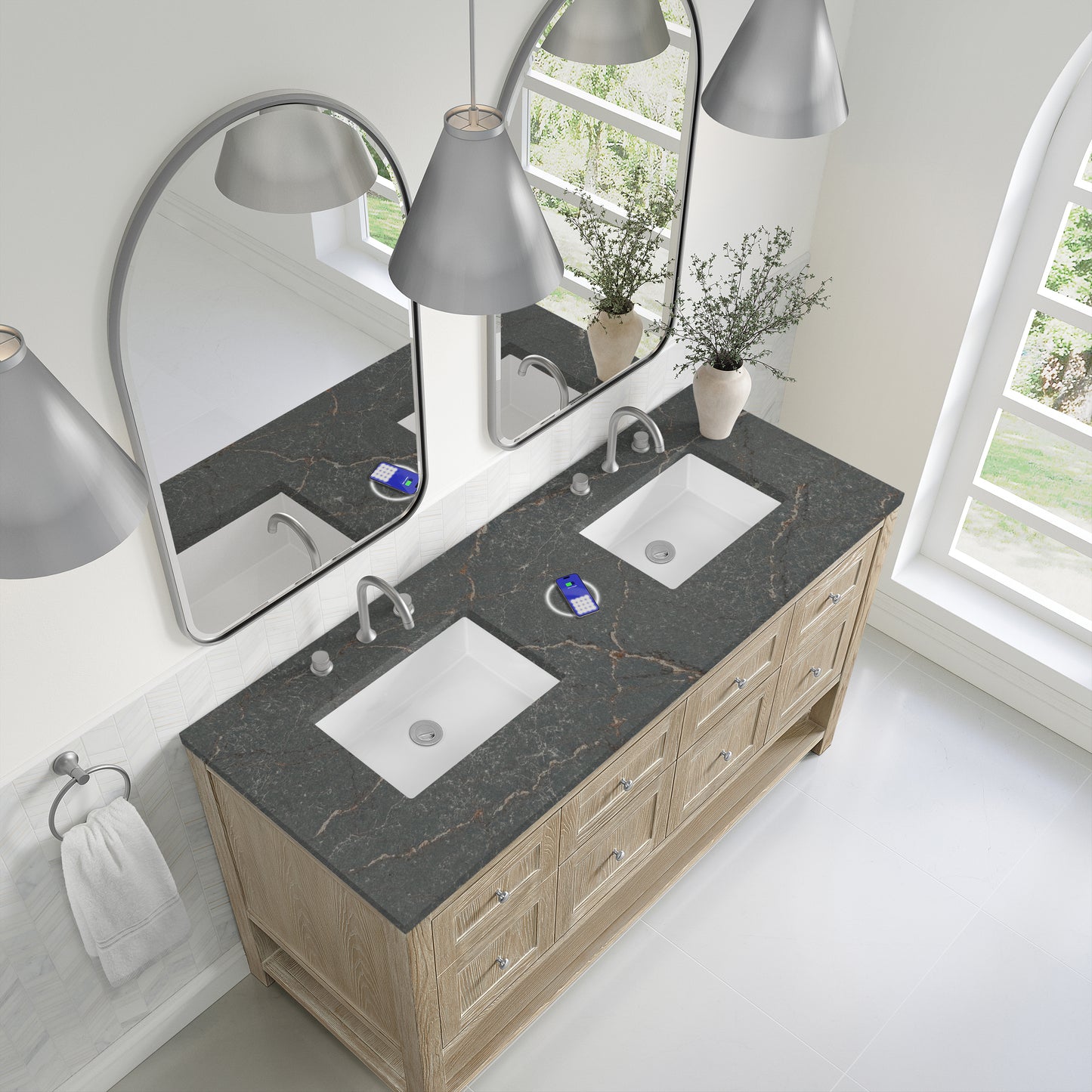 James Martin Vanities Breckenridge 60" Whitewashed Oak Double Vanity With 3 cm Parisien Bleu Top and FreePower Wireless Charger