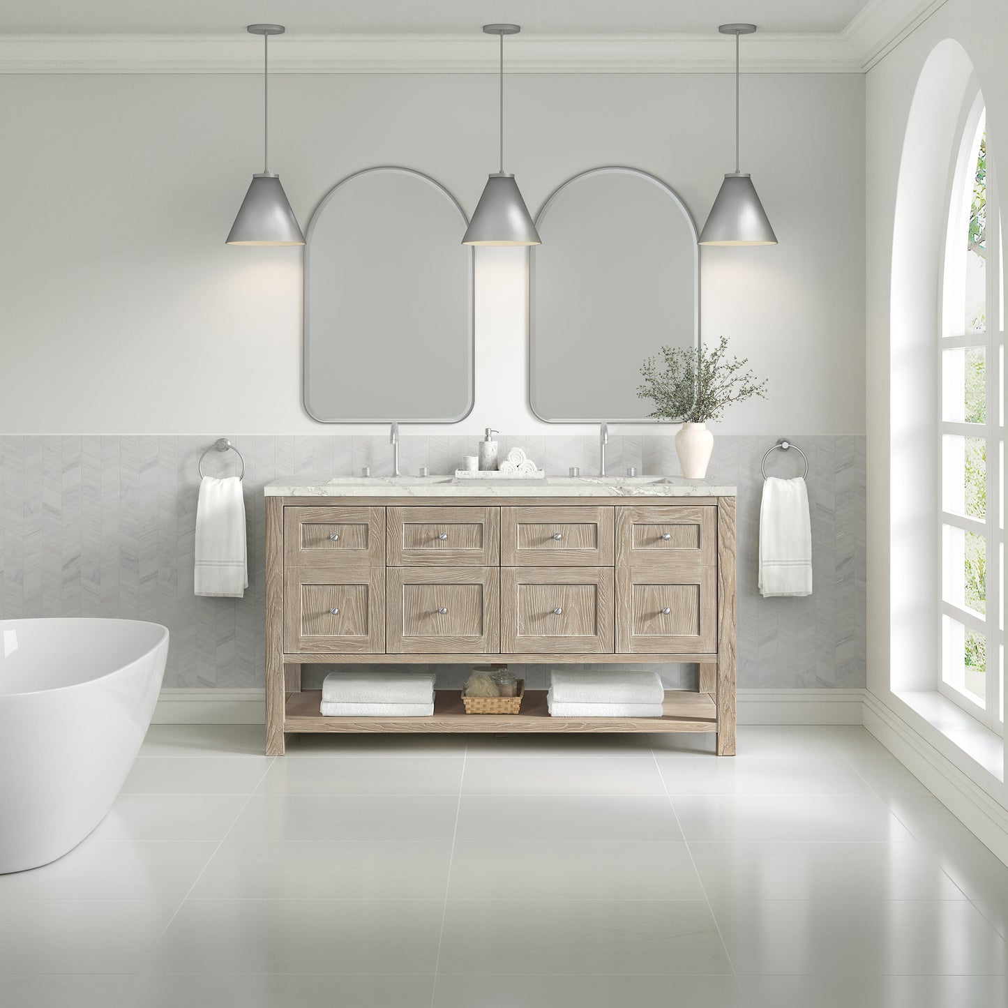 James Martin Vanities Breckenridge 60" Whitewashed Oak Double Vanity With 3 cm Victorian Silver Quartz Top and FreePower Wireless Charger
