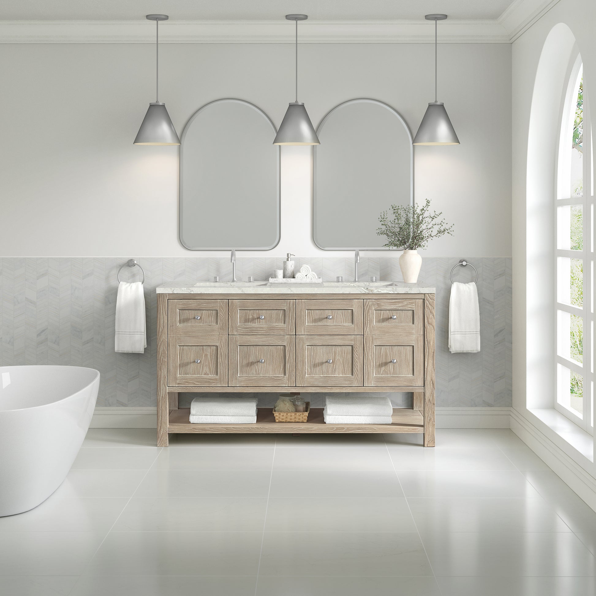 James Martin Vanities Breckenridge 60" Whitewashed Oak Double Vanity With 3 cm Victorian Silver Quartz Top and FreePower Wireless Charger