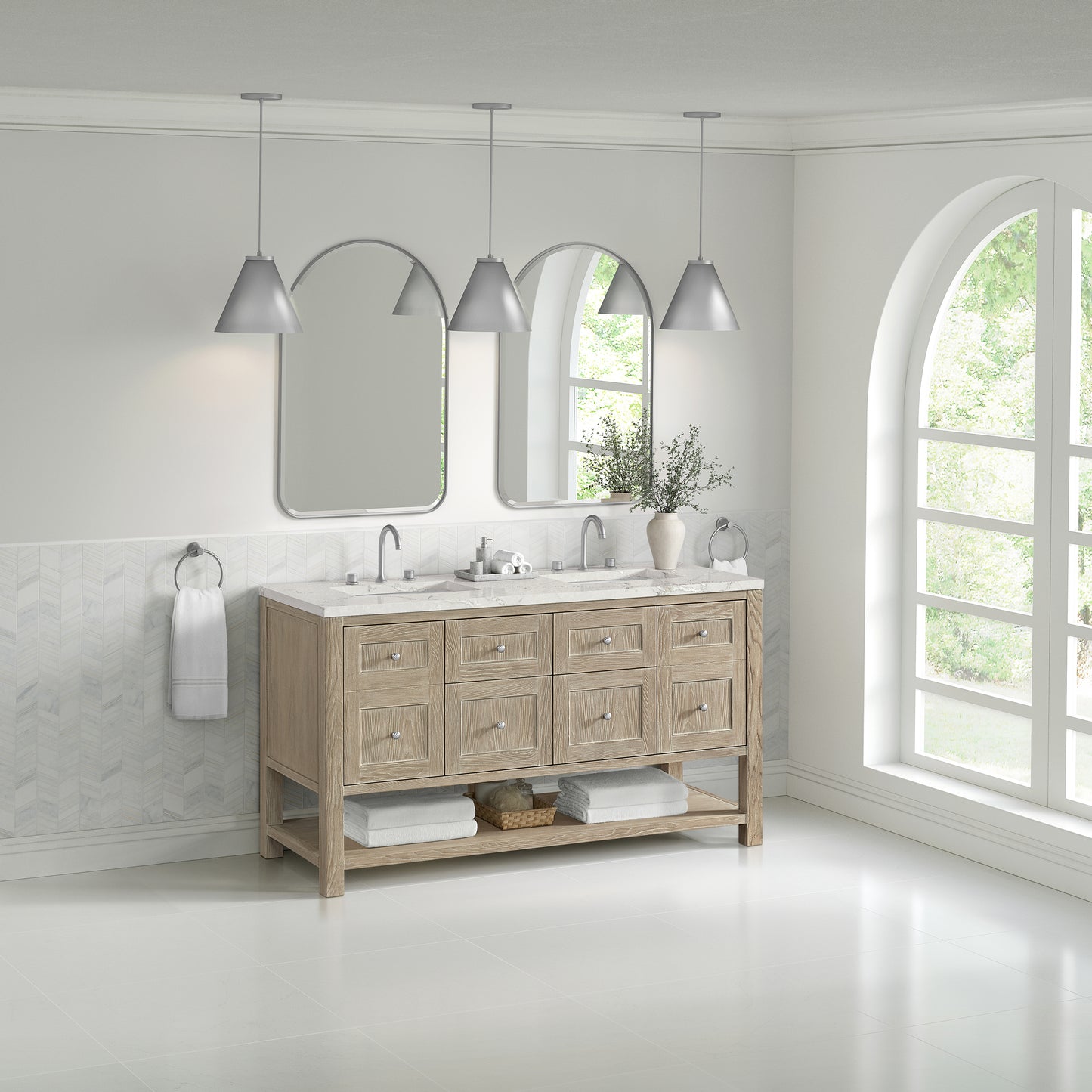 James Martin Vanities Breckenridge 60" Whitewashed Oak Double Vanity With 3 cm Victorian Silver Quartz Top and FreePower Wireless Charger