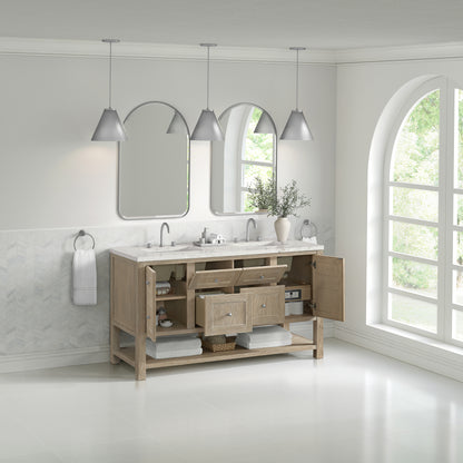 James Martin Vanities Breckenridge 60" Whitewashed Oak Double Vanity With 3 cm Victorian Silver Quartz Top and FreePower Wireless Charger