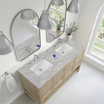 James Martin Vanities Breckenridge 60" Whitewashed Oak Double Vanity With 3 cm Victorian Silver Quartz Top and FreePower Wireless Charger