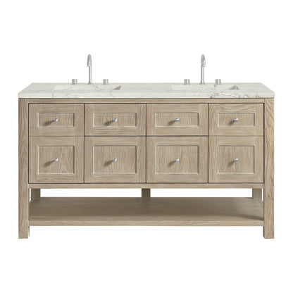 James Martin Vanities Breckenridge 60" Whitewashed Oak Double Vanity With 3 cm Victorian Silver Quartz Top and FreePower Wireless Charger