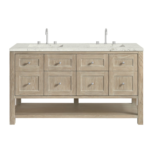 James Martin Vanities Breckenridge 60" Whitewashed Oak Double Vanity With 3 cm Victorian Silver Quartz Top and FreePower Wireless Charger