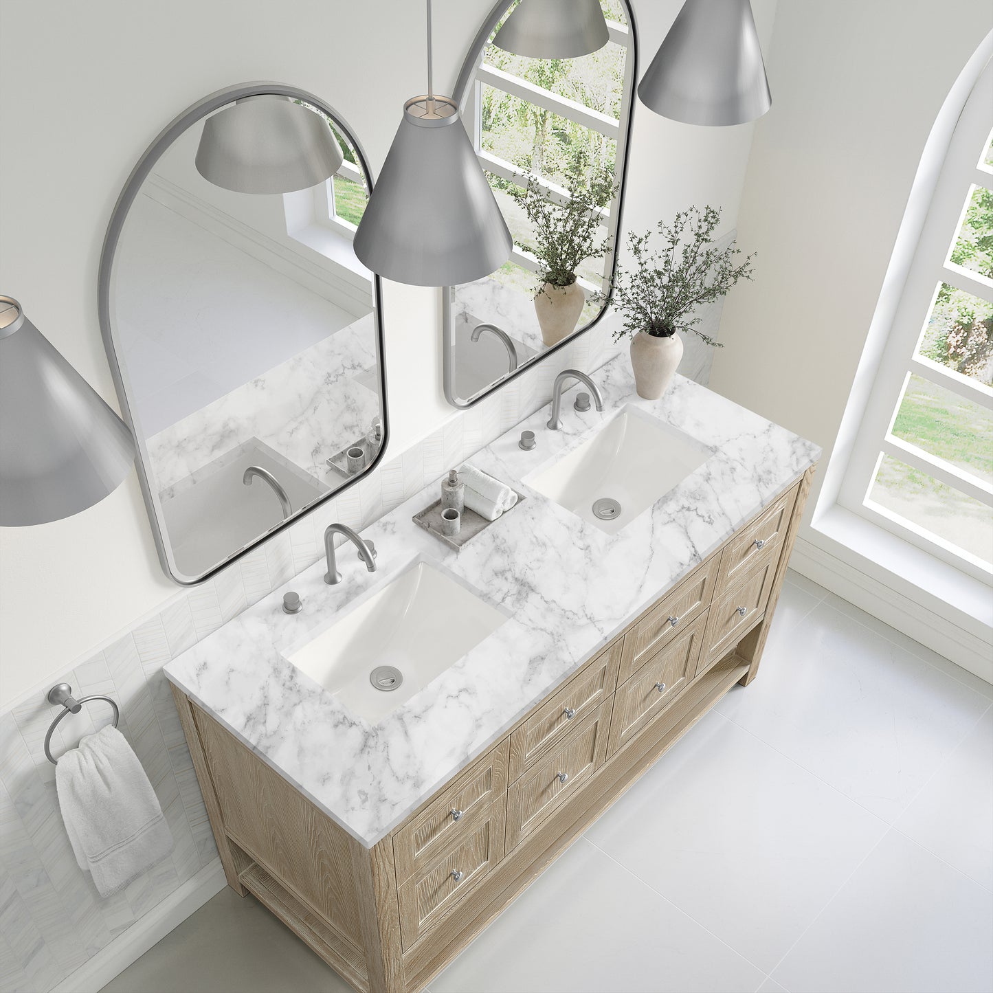 James Martin Vanities Breckenridge 60" Whitewashed Oak Double Vanity With 3cm Carrara Marble Top