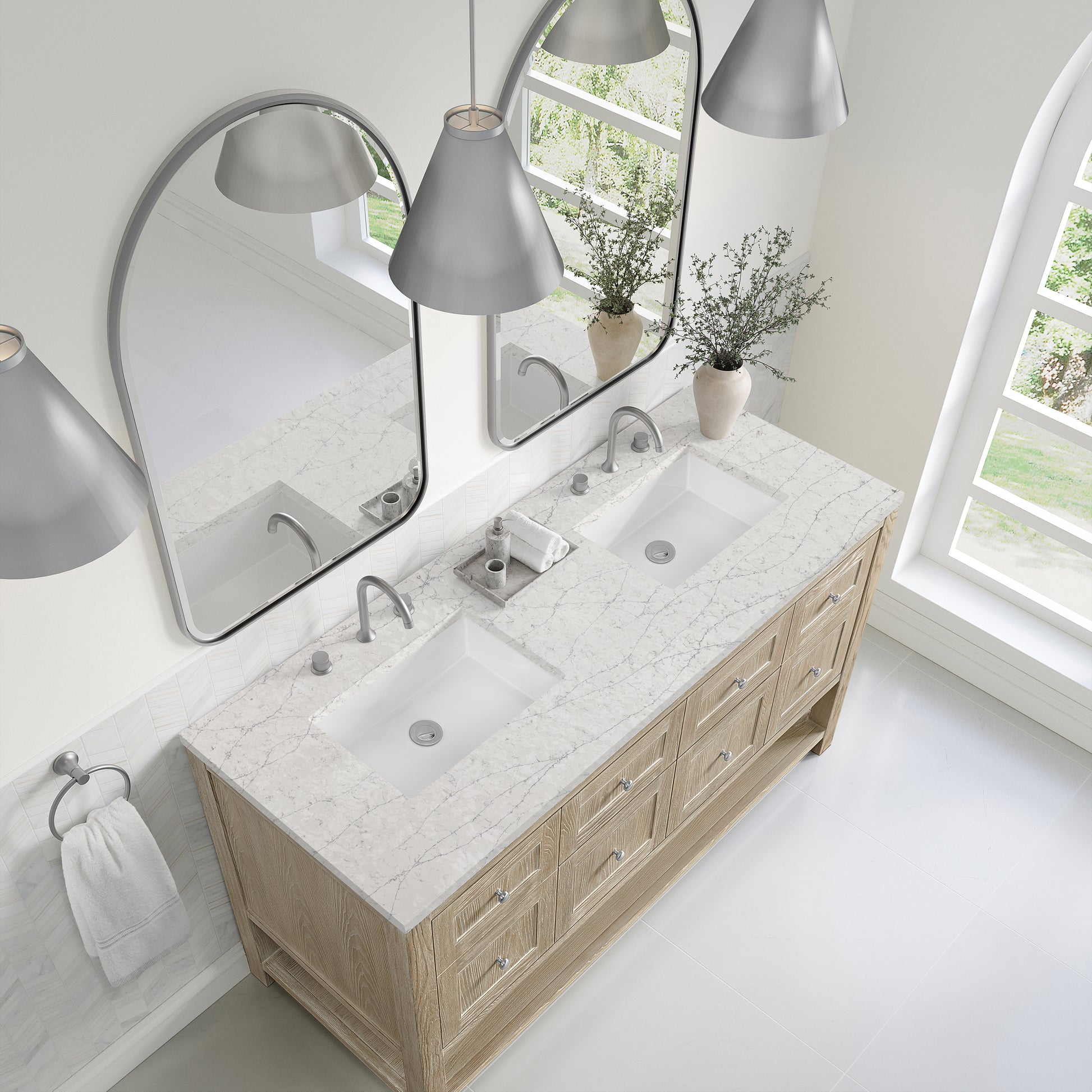James Martin Vanities Breckenridge 60" Whitewashed Oak Double Vanity With 3cm Eternal Jasmine Pearl Quartz Top