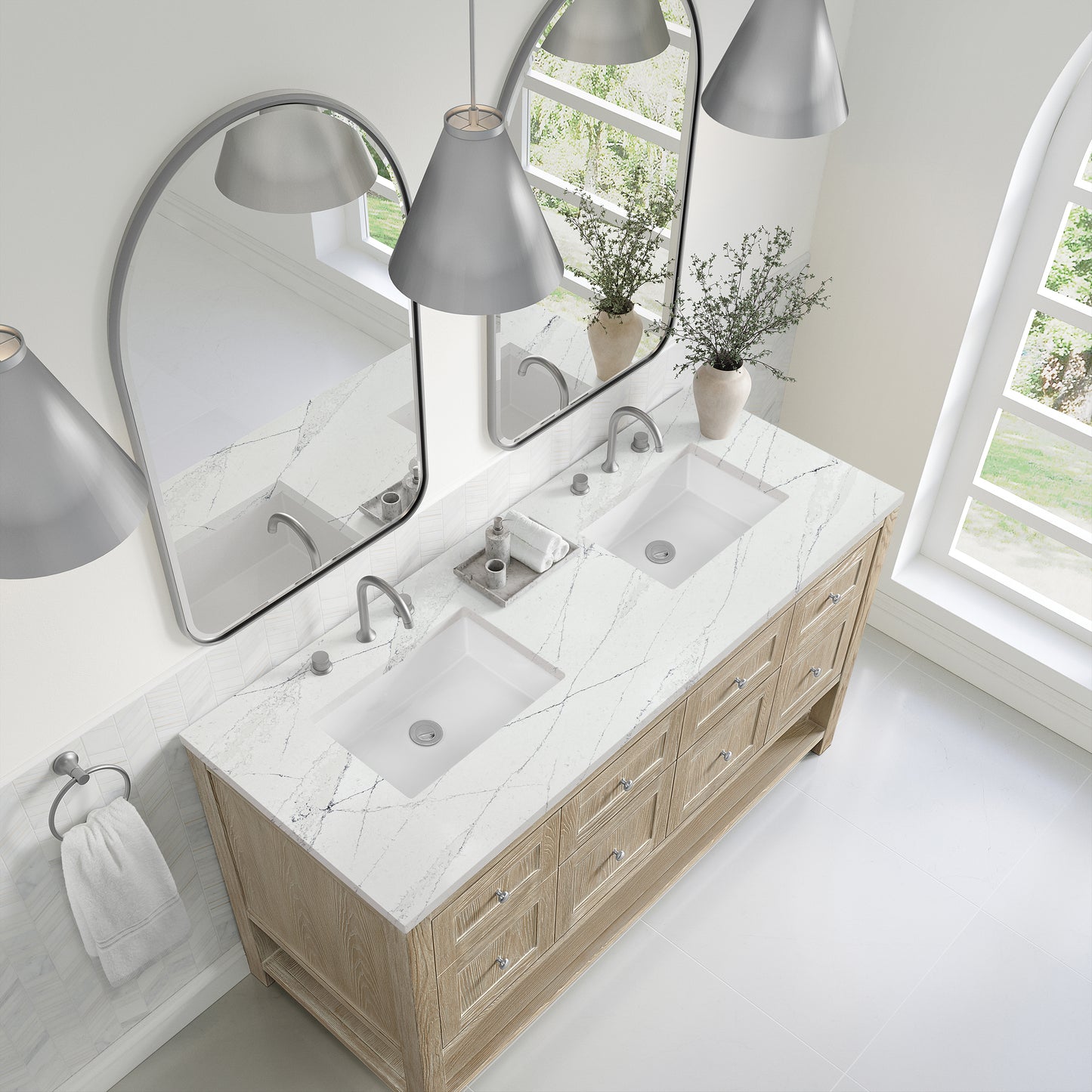 James Martin Vanities Breckenridge 60" Whitewashed Oak Double Vanity With 3cm Ethereal Noctis Quartz Top