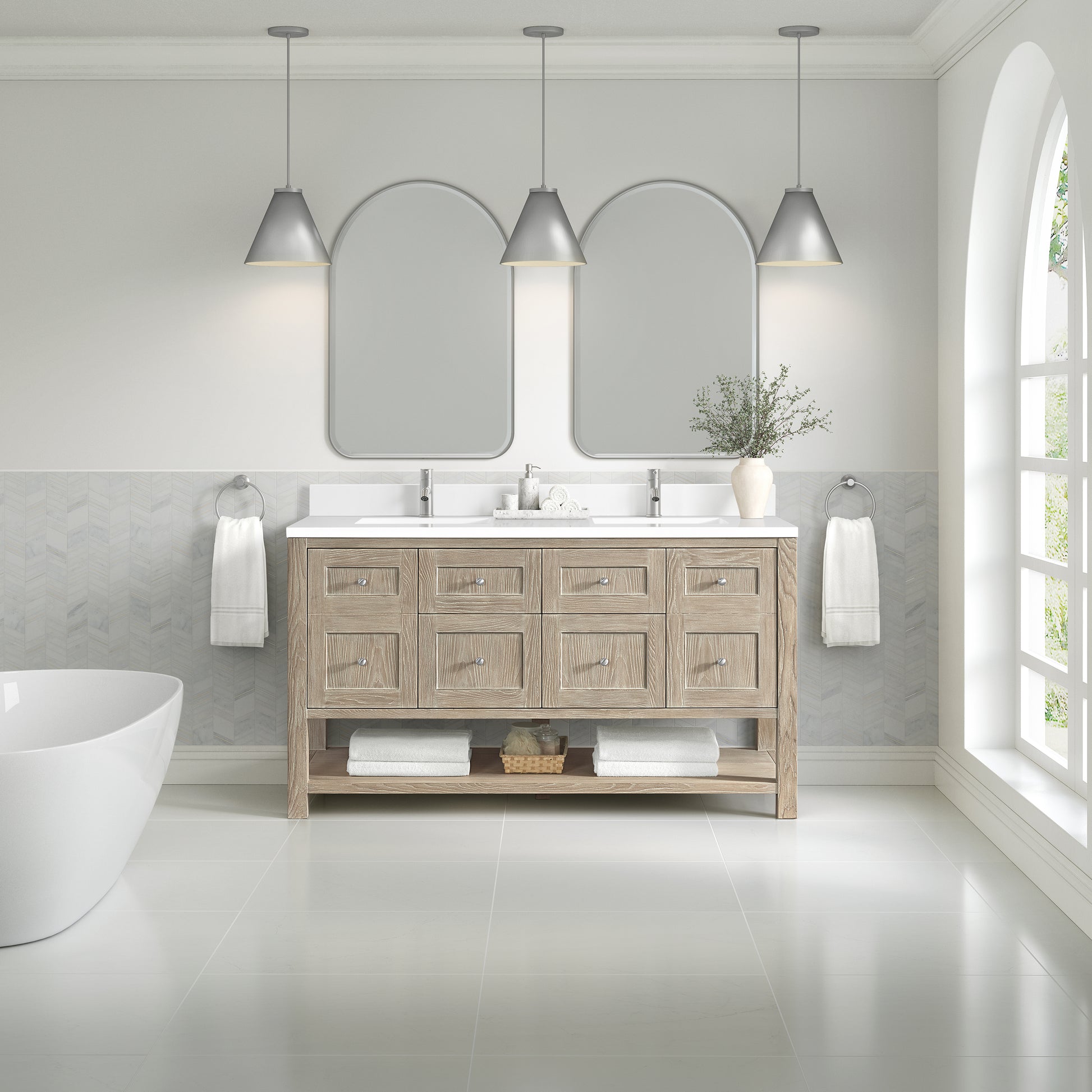 James Martin Vanities Breckenridge 60" Whitewashed Oak Double Vanity With Single Hole 3cm White Zeus Quartz Top and Backsplash