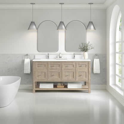 James Martin Vanities Breckenridge 60" Whitewashed Oak Double Vanity With Single Hole 3cm White Zeus Quartz Top and Backsplash