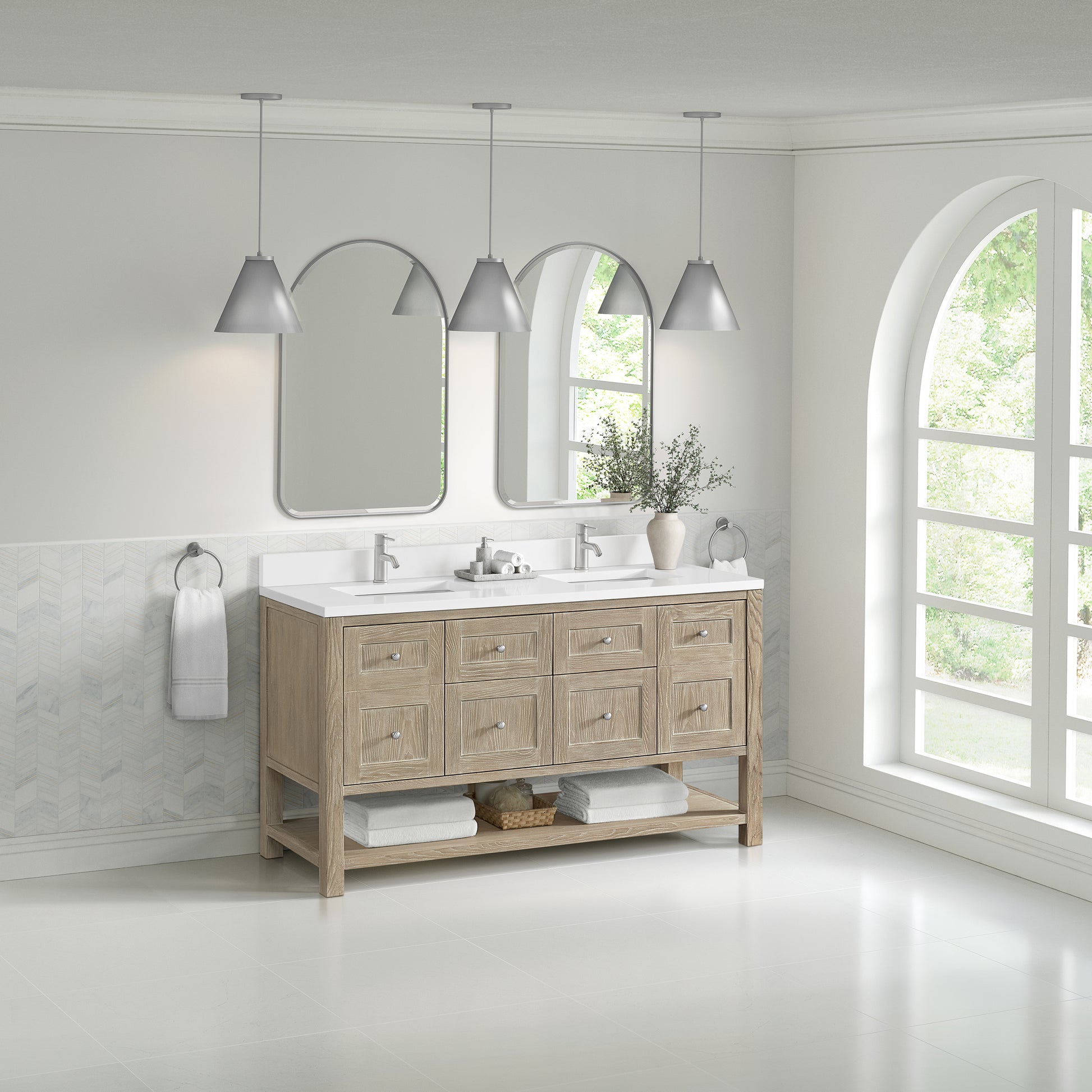 James Martin Vanities Breckenridge 60" Whitewashed Oak Double Vanity With Single Hole 3cm White Zeus Quartz Top and Backsplash
