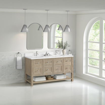James Martin Vanities Breckenridge 60" Whitewashed Oak Double Vanity With Single Hole 3cm White Zeus Quartz Top and Backsplash