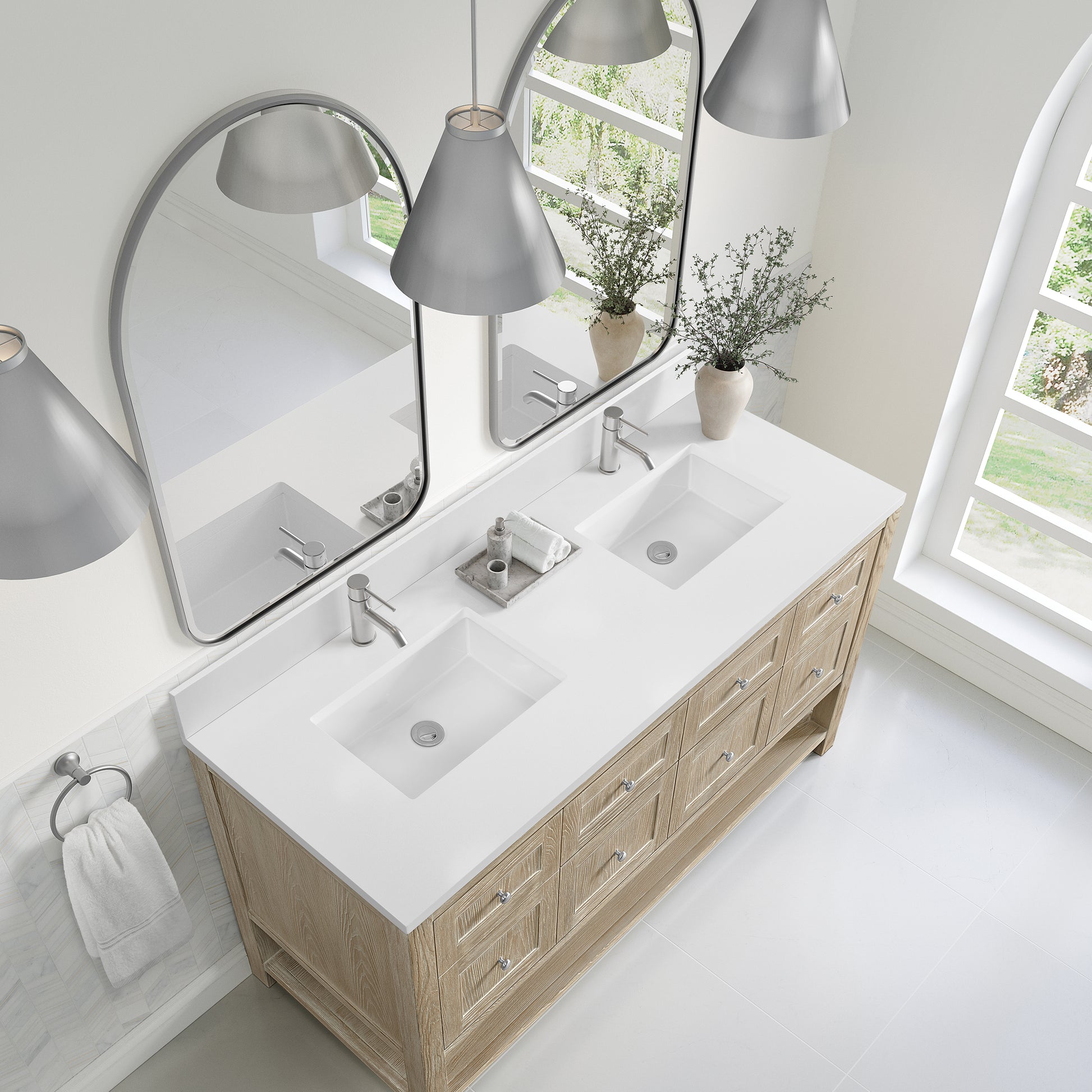 James Martin Vanities Breckenridge 60" Whitewashed Oak Double Vanity With Single Hole 3cm White Zeus Quartz Top and Backsplash