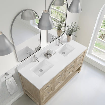 James Martin Vanities Breckenridge 60" Whitewashed Oak Double Vanity With Single Hole 3cm White Zeus Quartz Top and Backsplash