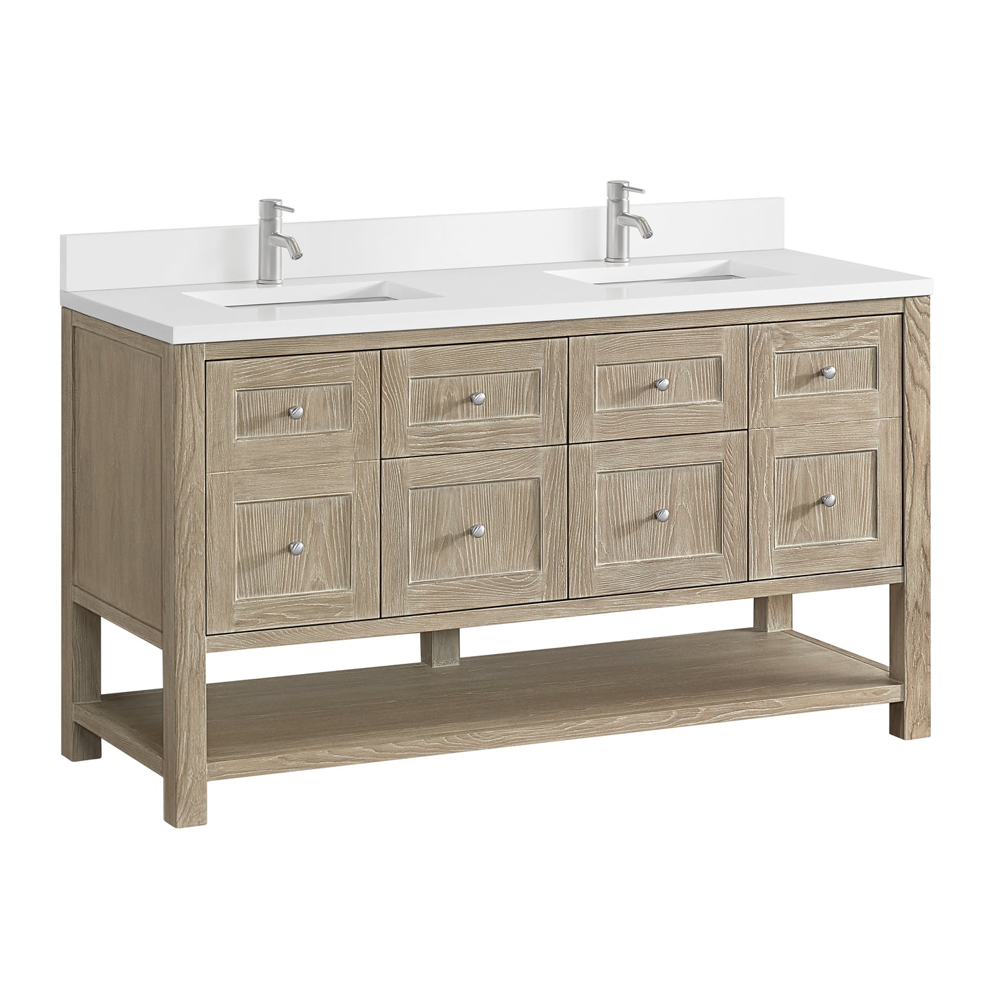 James Martin Vanities Breckenridge 60" Whitewashed Oak Double Vanity With Single Hole 3cm White Zeus Quartz Top and Backsplash