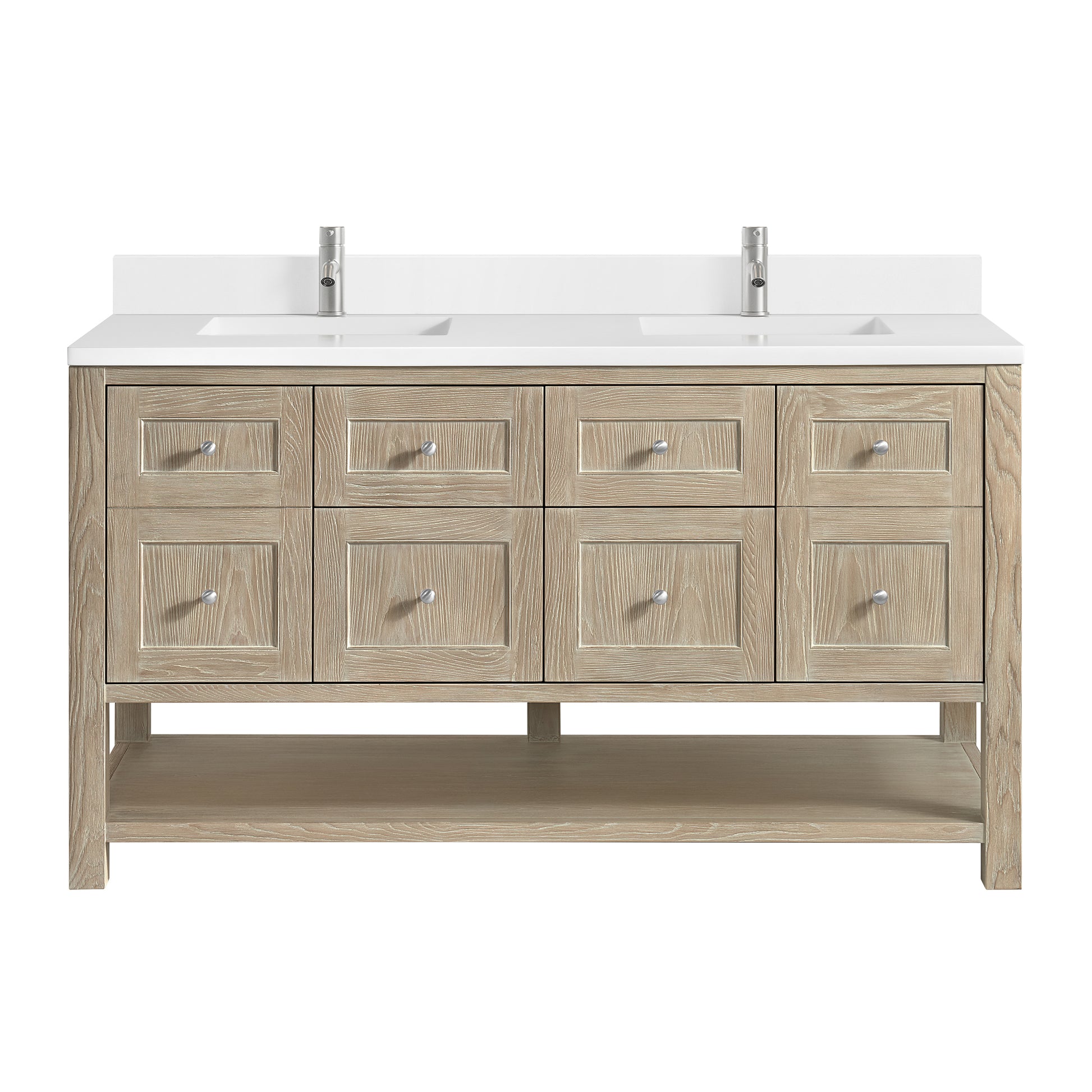 James Martin Vanities Breckenridge 60" Whitewashed Oak Double Vanity With Single Hole 3cm White Zeus Quartz Top and Backsplash