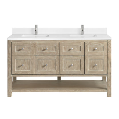 James Martin Vanities Breckenridge 60" Whitewashed Oak Double Vanity With Single Hole 3cm White Zeus Quartz Top and Backsplash