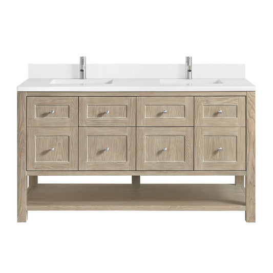 James Martin Vanities Breckenridge 60" Whitewashed Oak Double Vanity With Single Hole 3cm White Zeus Quartz Top and Backsplash