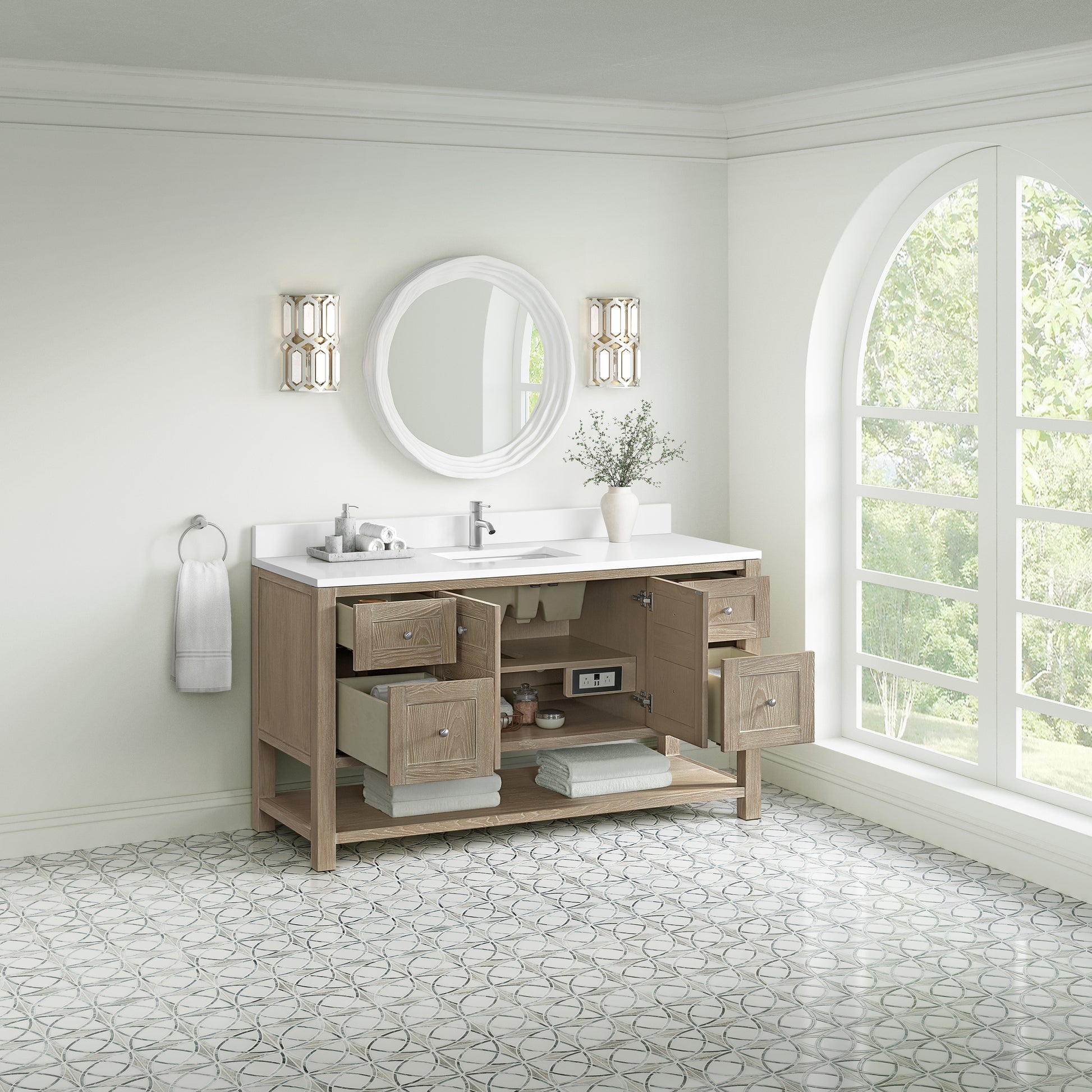 James Martin Vanities Breckenridge 60" Whitewashed Oak Single Vanity With Single Hole 3cm White Zeus Quartz Top and Backsplash