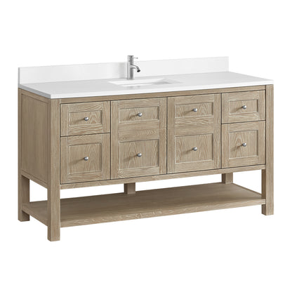 James Martin Vanities Breckenridge 60" Whitewashed Oak Single Vanity With Single Hole 3cm White Zeus Quartz Top and Backsplash