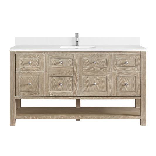 James Martin Vanities Breckenridge 60" Whitewashed Oak Single Vanity With Single Hole 3cm White Zeus Quartz Top and Backsplash