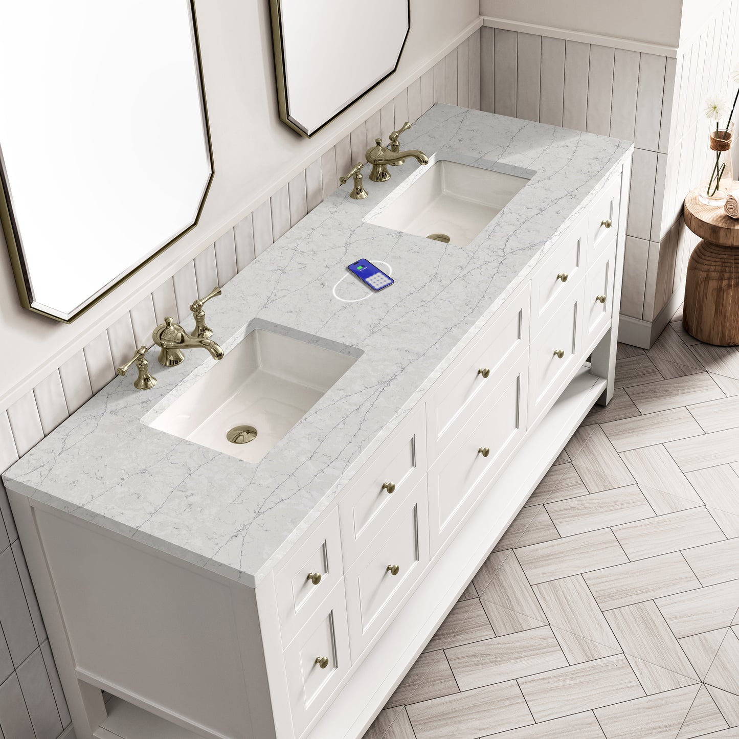 James Martin Vanities Breckenridge 72" Bright White Double Vanity With 3 cm Eternal Jasmine Pearl Top and FreePower Wireless Charger