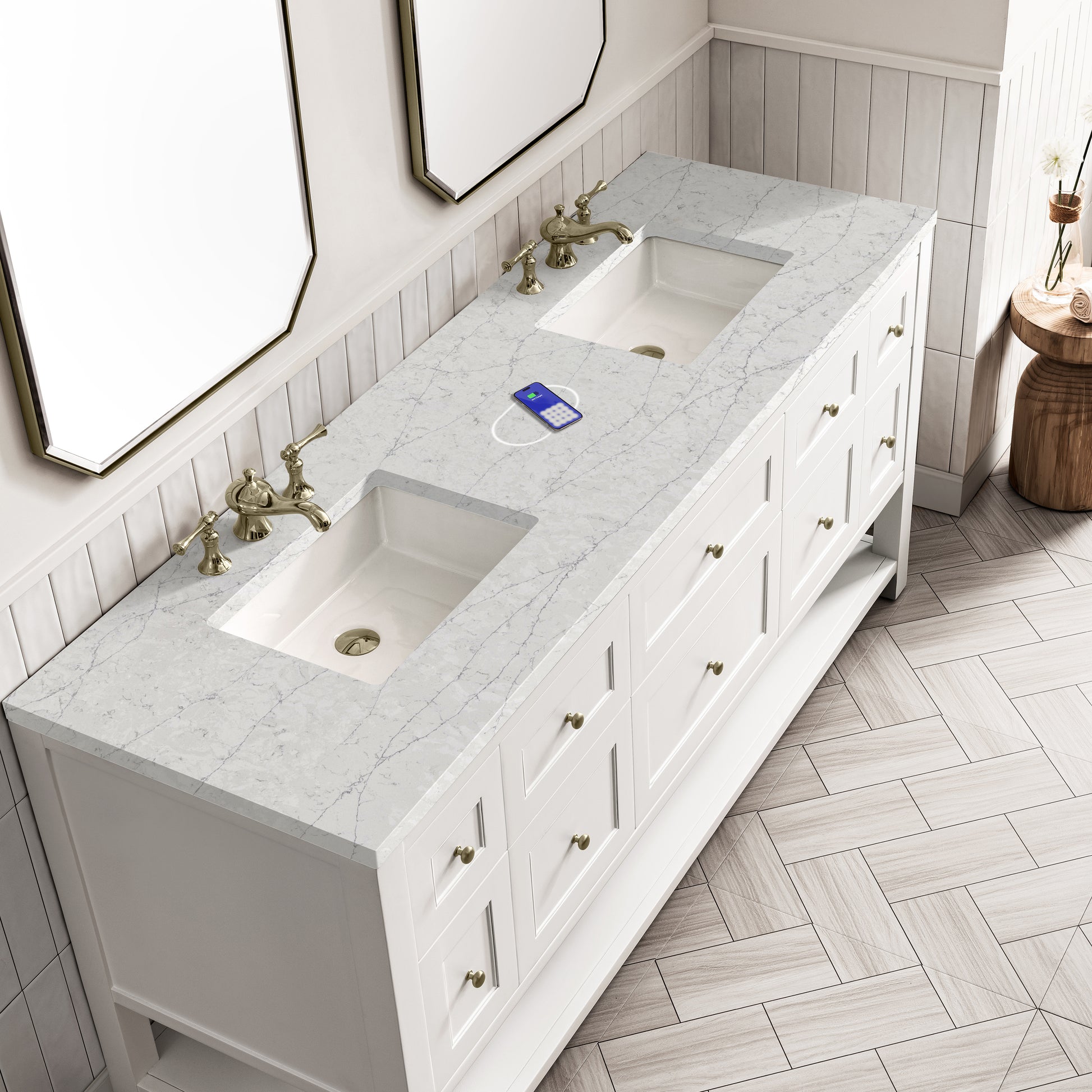 James Martin Vanities Breckenridge 72" Bright White Double Vanity With 3 cm Eternal Jasmine Pearl Top and FreePower Wireless Charger
