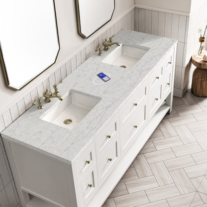 James Martin Vanities Breckenridge 72" Bright White Double Vanity With 3 cm Eternal Jasmine Pearl Top and FreePower Wireless Charger