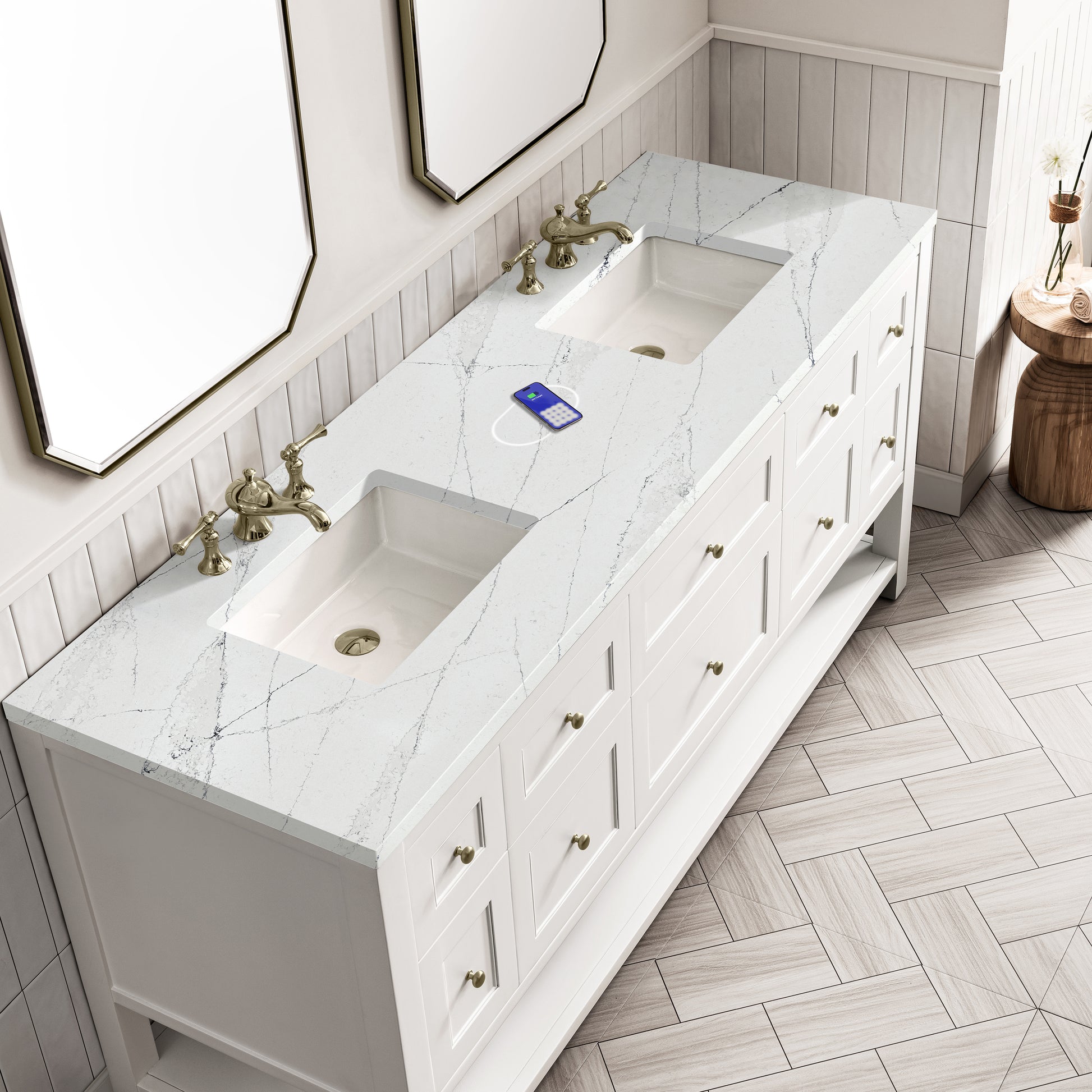 James Martin Vanities Breckenridge 72" Bright White Double Vanity With 3 cm Ethereal Noctis Top and FreePower Wireless Charger