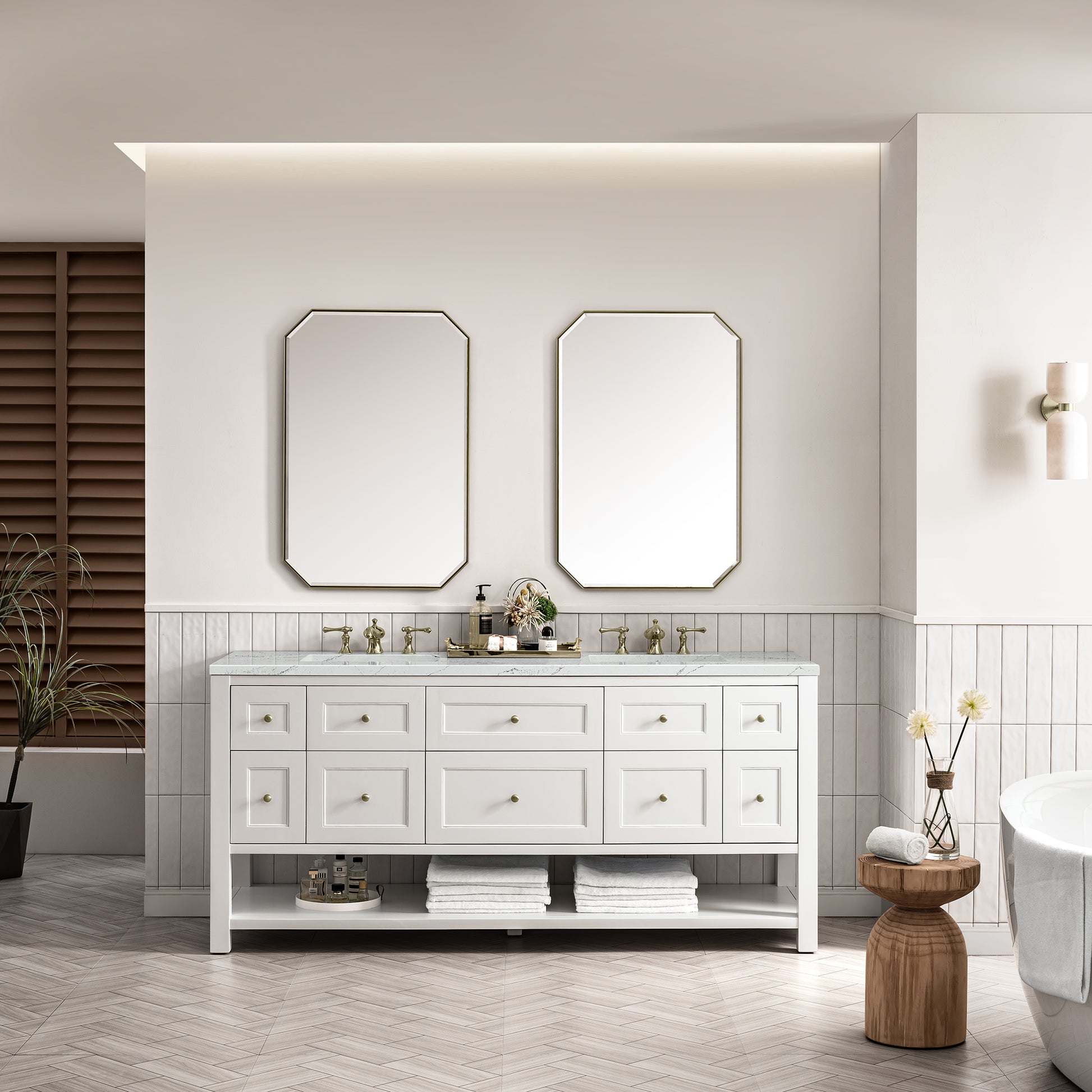 James Martin Vanities Breckenridge 72" Bright White Double Vanity With 3 cm Ethereal Noctis Top and FreePower Wireless Charger