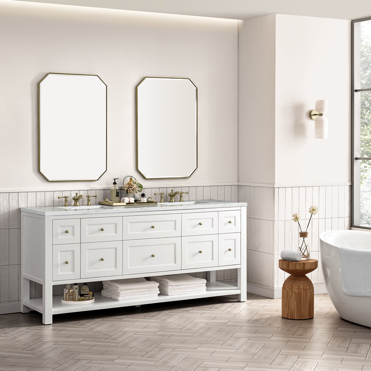 James Martin Vanities Breckenridge 72" Bright White Double Vanity With 3 cm Ethereal Noctis Top and FreePower Wireless Charger