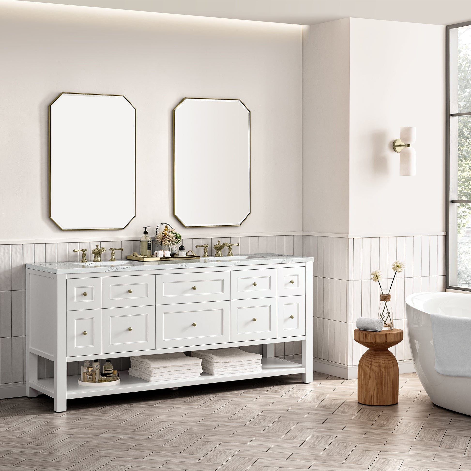 James Martin Vanities Breckenridge 72" Bright White Double Vanity With 3 cm Ethereal Noctis Top and FreePower Wireless Charger