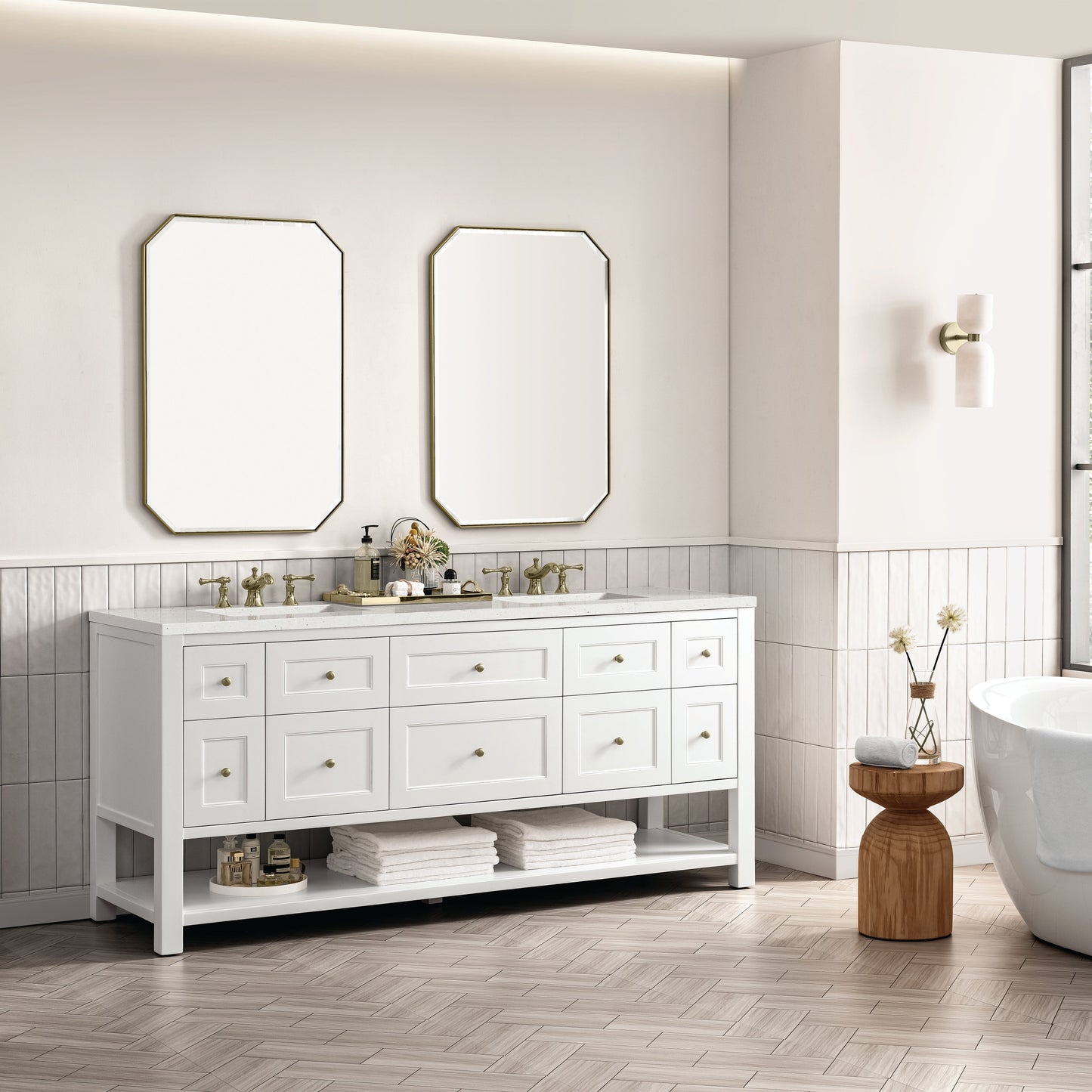 James Martin Vanities Breckenridge 72" Bright White Double Vanity With 3 cm Lime Delight Top