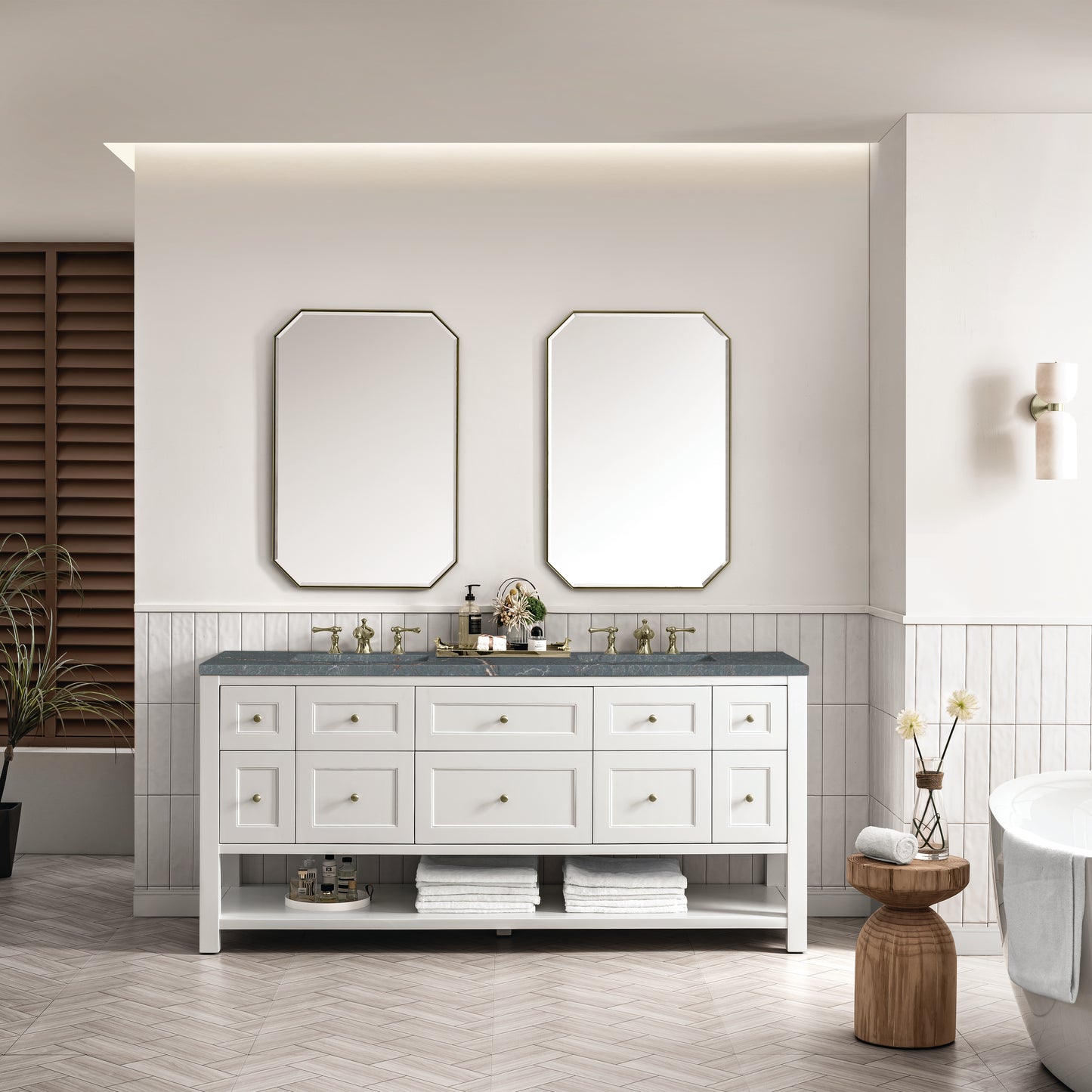 James Martin Vanities Breckenridge 72" Bright White Double Vanity With 3 cm Parisien Bleu Top and FreePower Wireless Charger