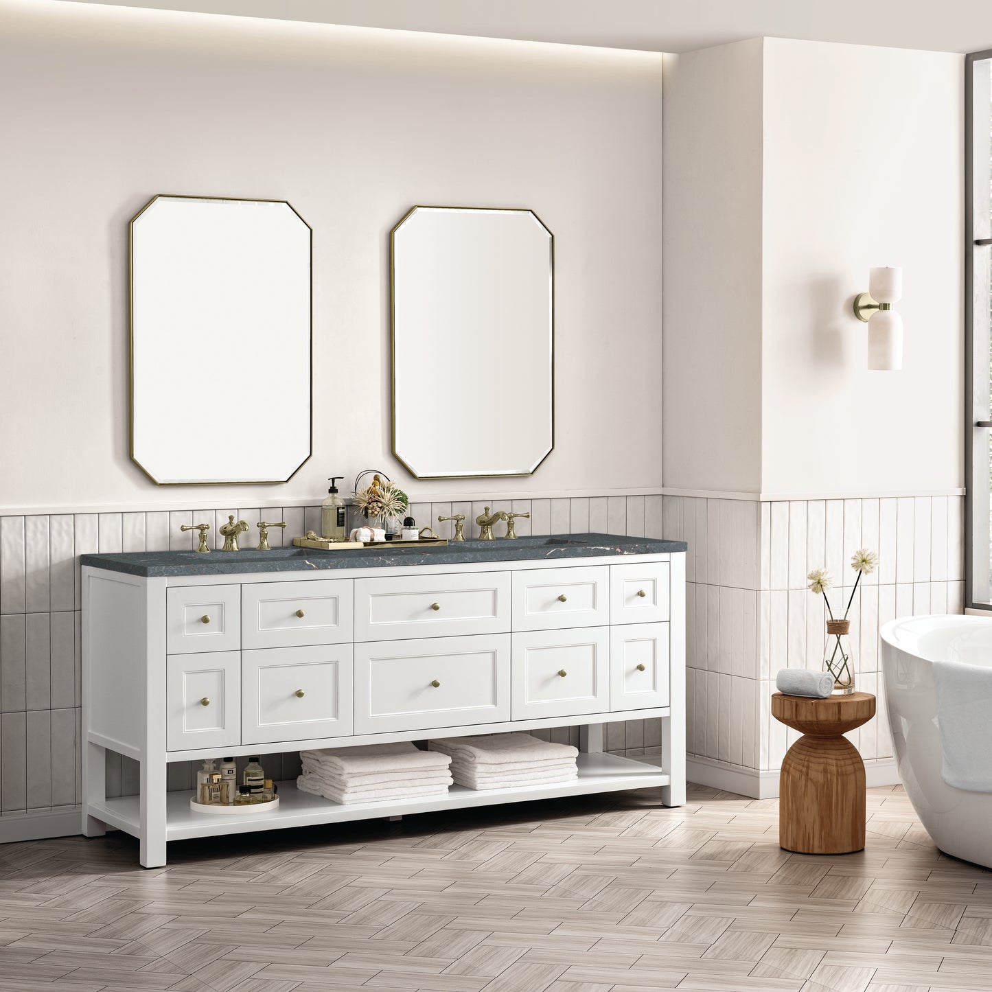 James Martin Vanities Breckenridge 72" Bright White Double Vanity With 3 cm Parisien Bleu Top and FreePower Wireless Charger