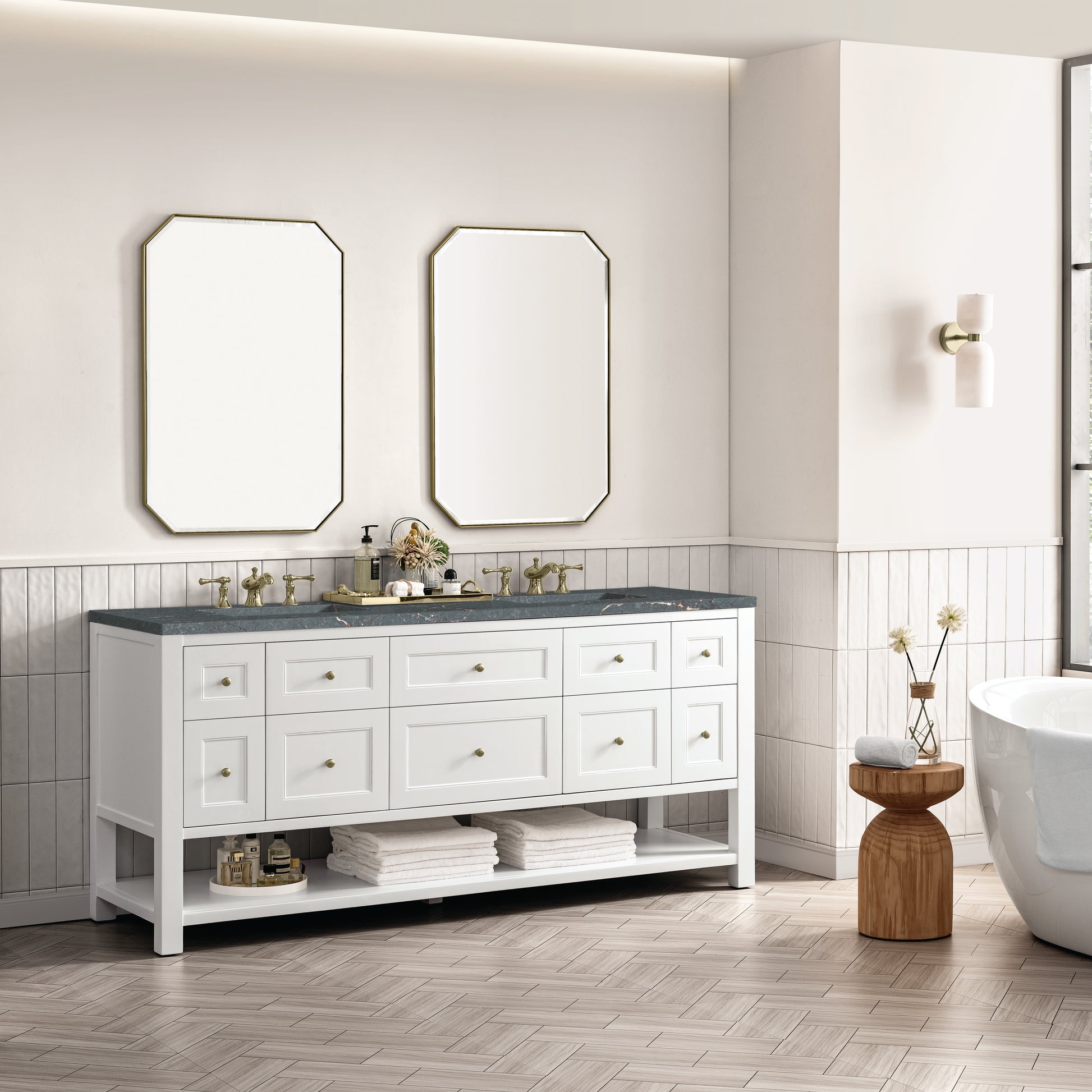 James Martin Vanities Breckenridge 72" Bright White Double Vanity With 3 cm Parisien Bleu Top and FreePower Wireless Charger