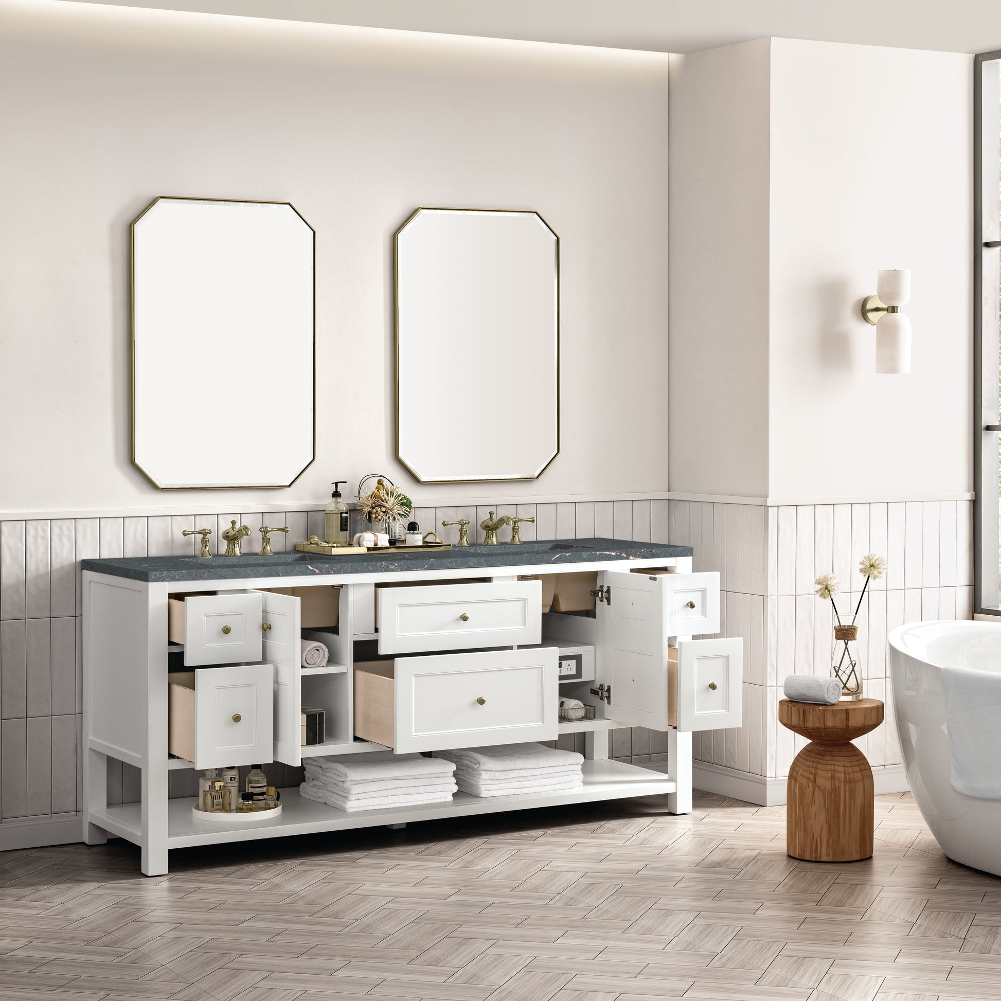 James Martin Vanities Breckenridge 72" Bright White Double Vanity With 3 cm Parisien Bleu Top and FreePower Wireless Charger