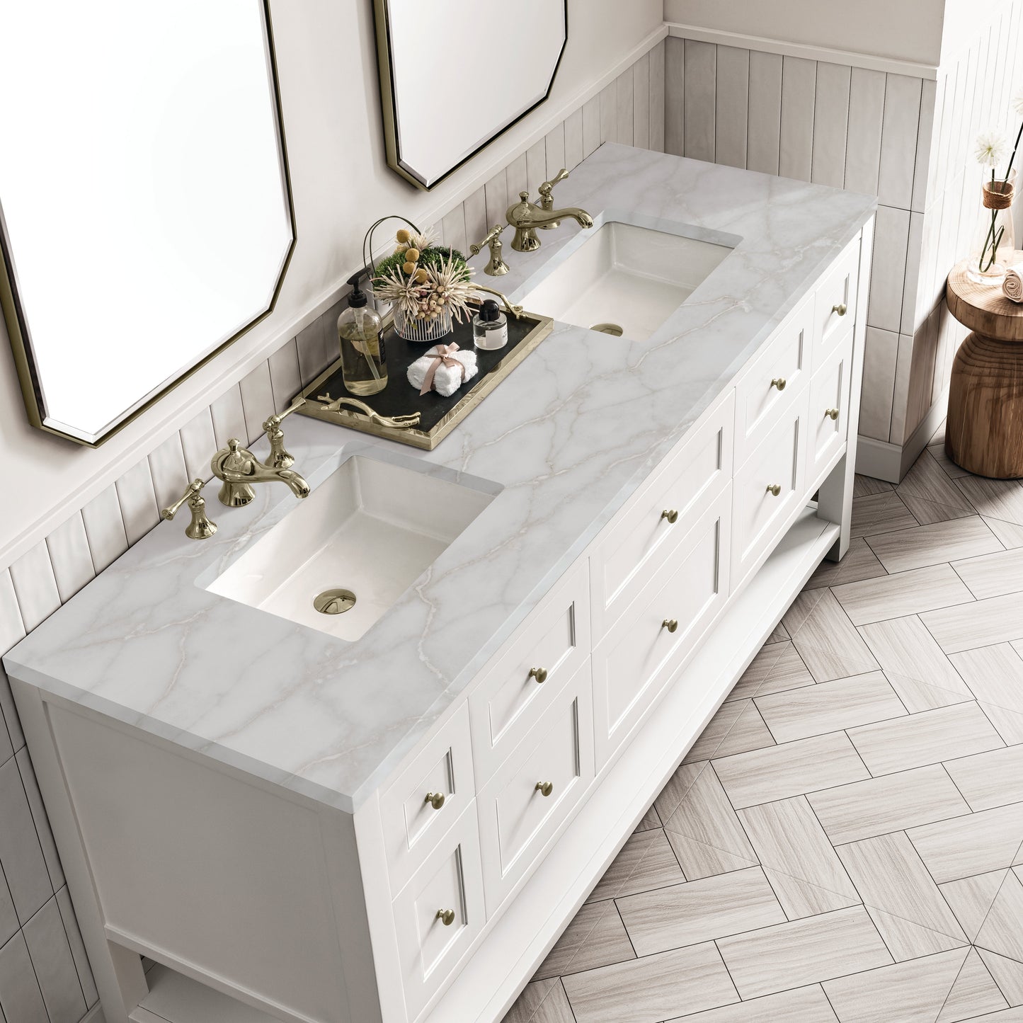 James Martin Vanities Breckenridge 72" Bright White Double Vanity With 3 cm Victorian Silver Top