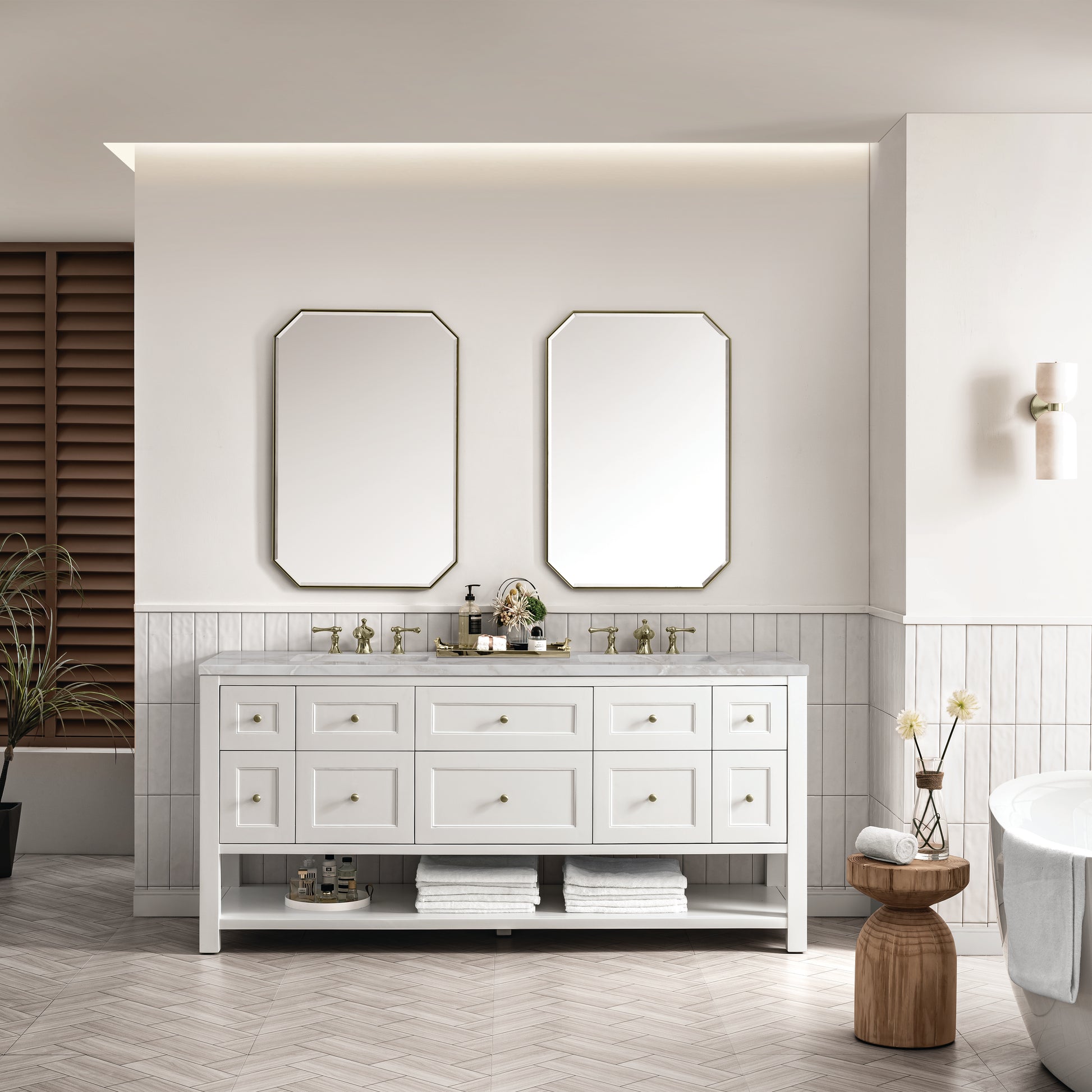 James Martin Vanities Breckenridge 72" Bright White Double Vanity With 3 cm Victorian Silver Top and FreePower Wireless Charger