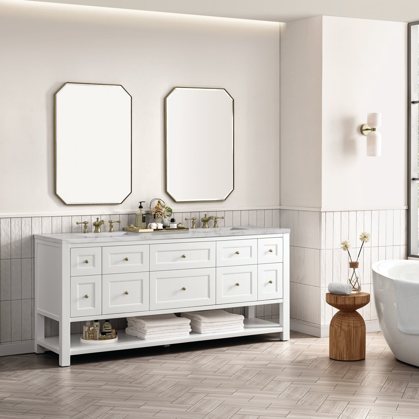James Martin Vanities Breckenridge 72" Bright White Double Vanity With 3 cm Victorian Silver Top and FreePower Wireless Charger