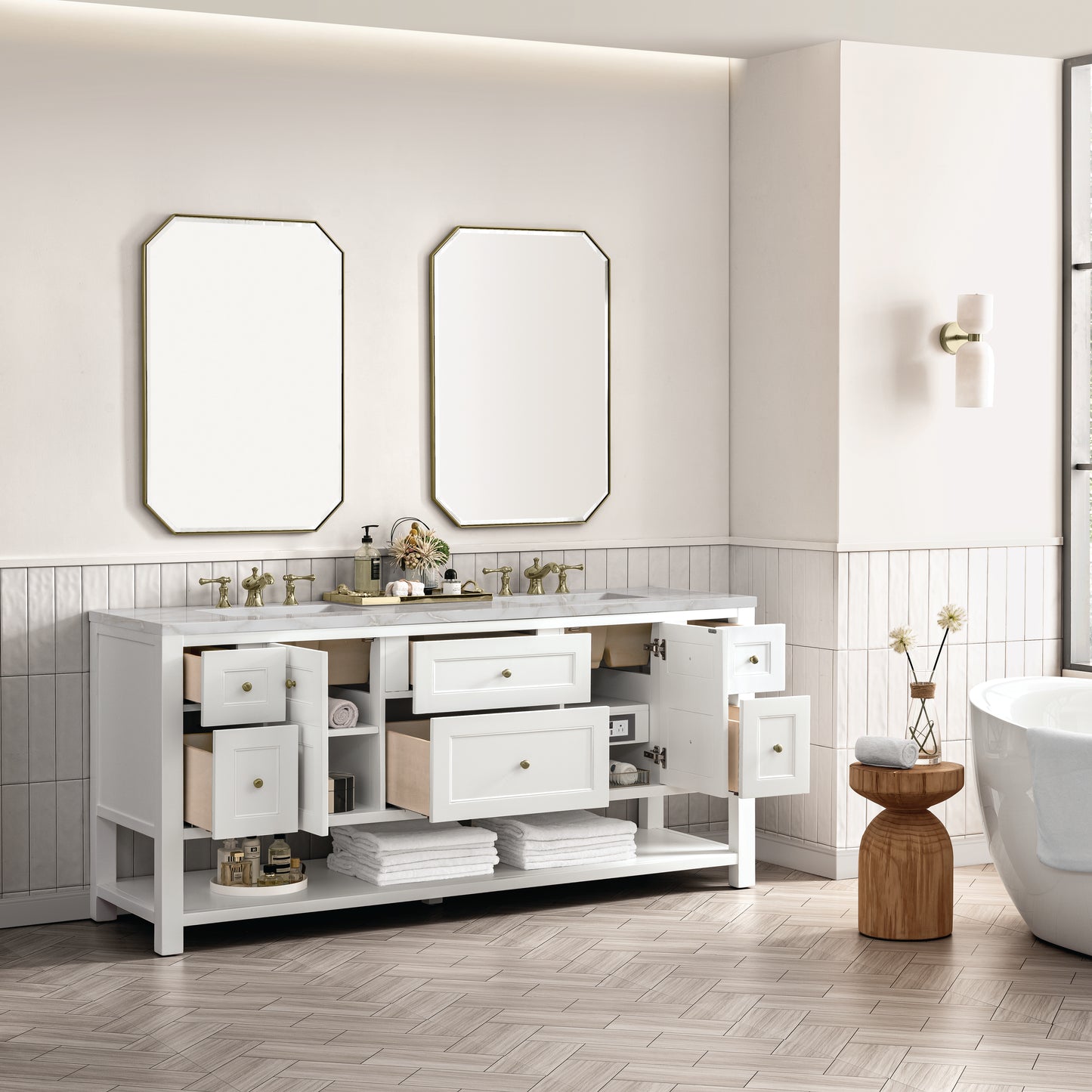 James Martin Vanities Breckenridge 72" Bright White Double Vanity With 3 cm Victorian Silver Top and FreePower Wireless Charger