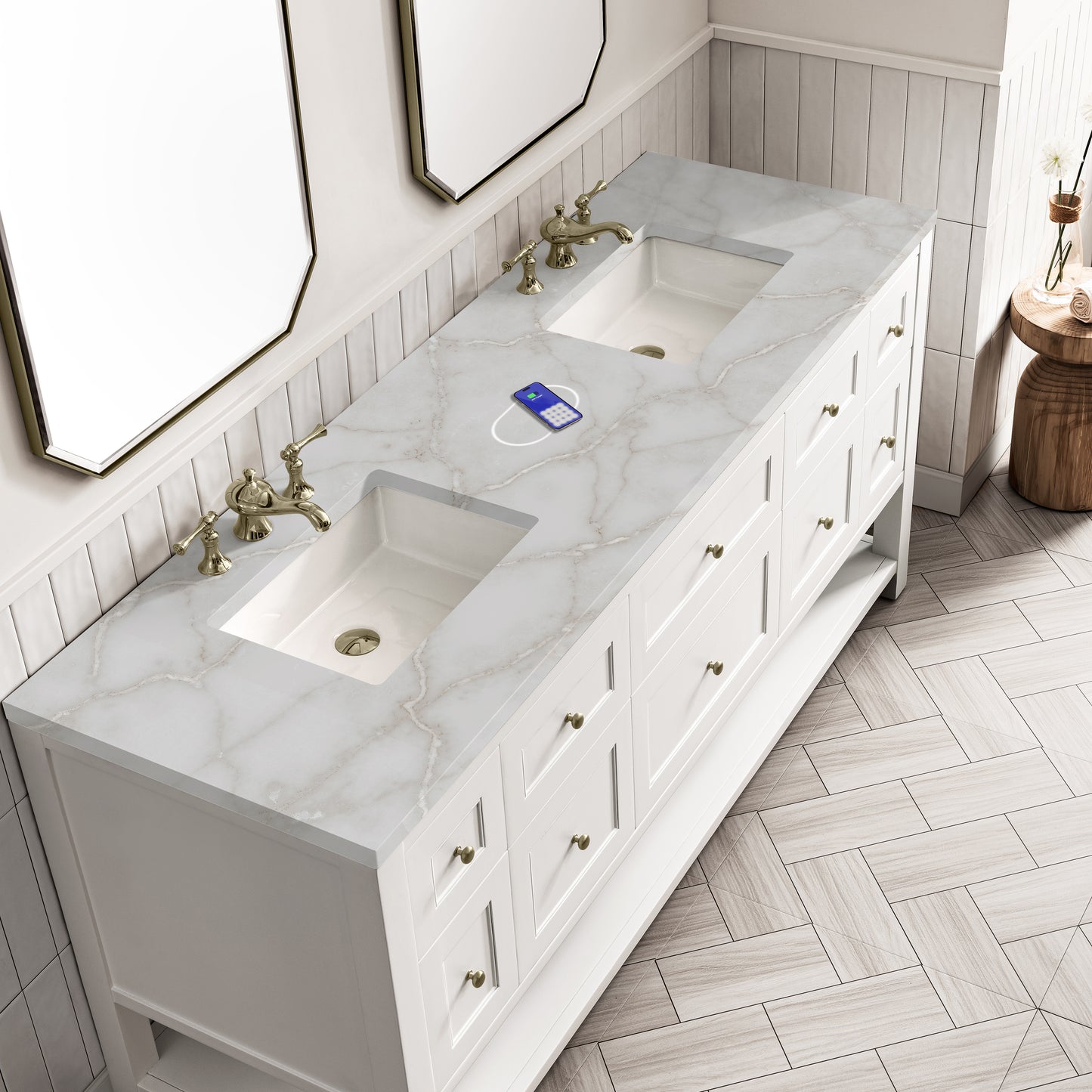 James Martin Vanities Breckenridge 72" Bright White Double Vanity With 3 cm Victorian Silver Top and FreePower Wireless Charger