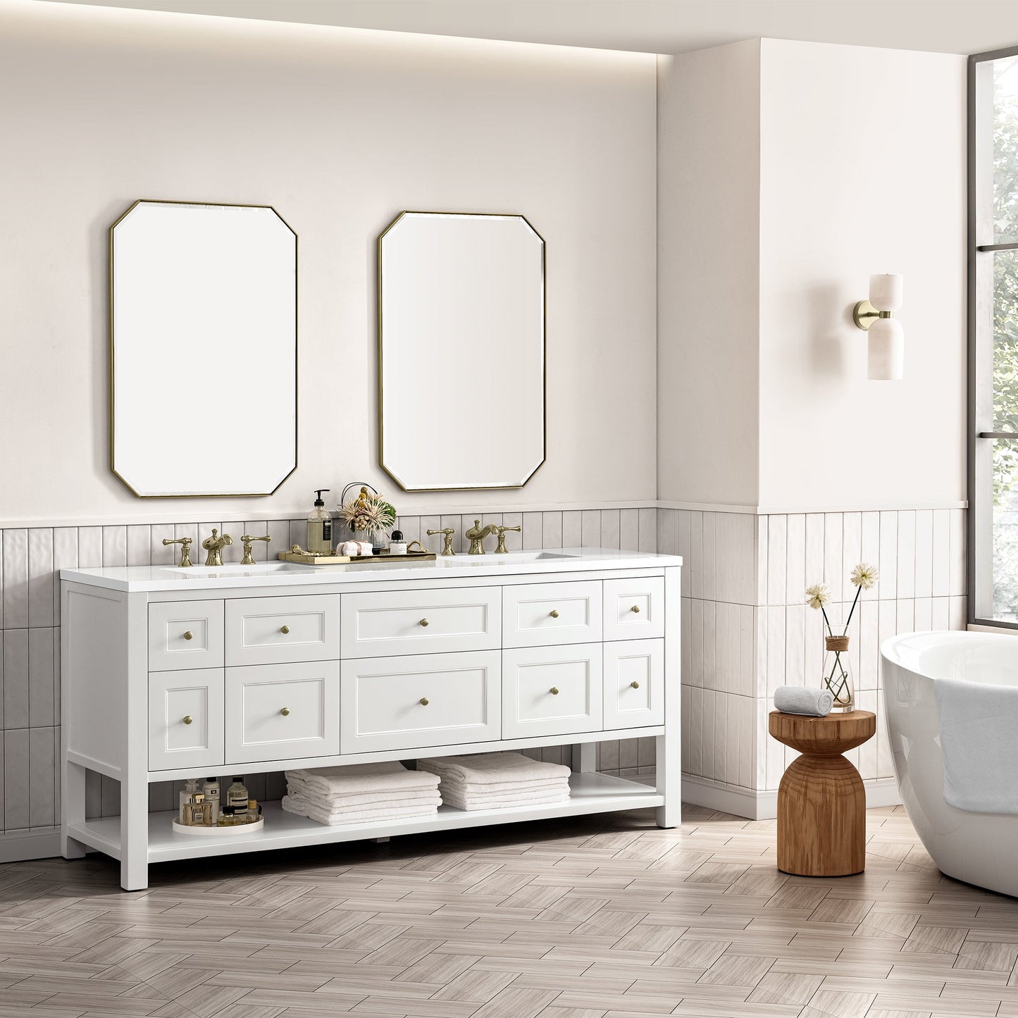 James Martin Vanities Breckenridge 72" Bright White Double Vanity With 3 cm White Zeus Top