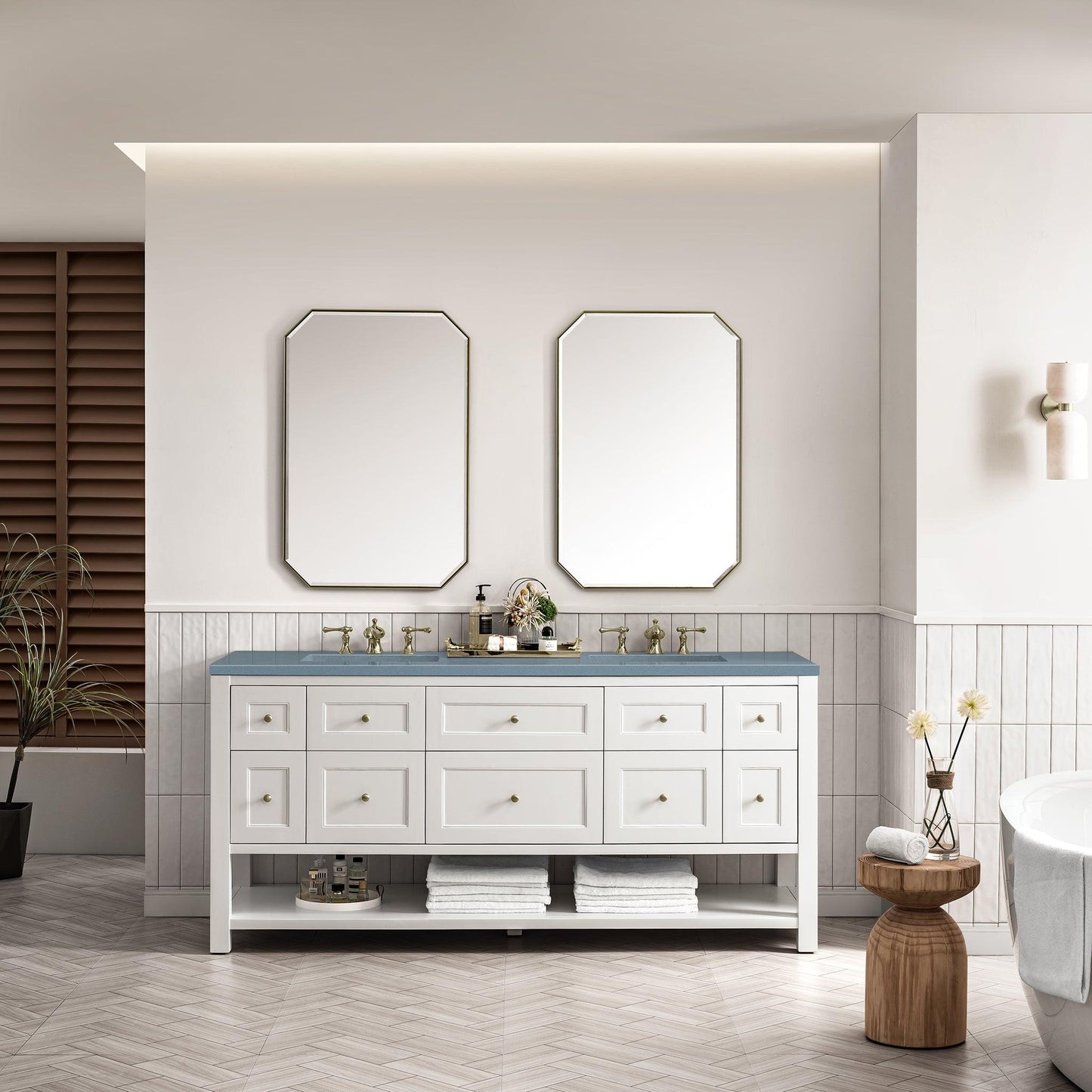 James Martin Vanities Breckenridge 72" Bright White Double Vanity With 3cm Cala Blue Top