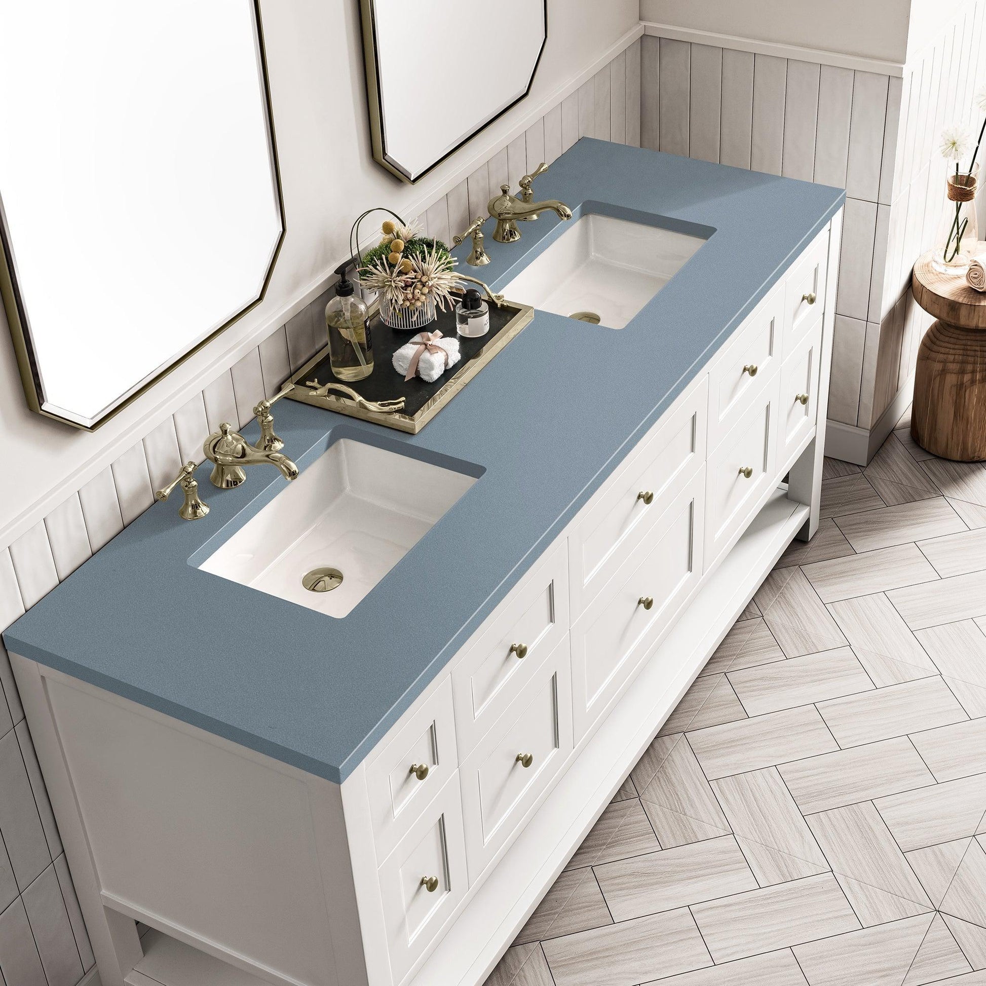 James Martin Vanities Breckenridge 72" Bright White Double Vanity With 3cm Cala Blue Top