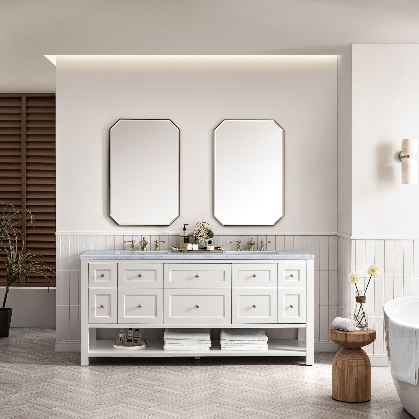 James Martin Vanities Breckenridge 72" Bright White Double Vanity With 3cm Carrara Marble Top